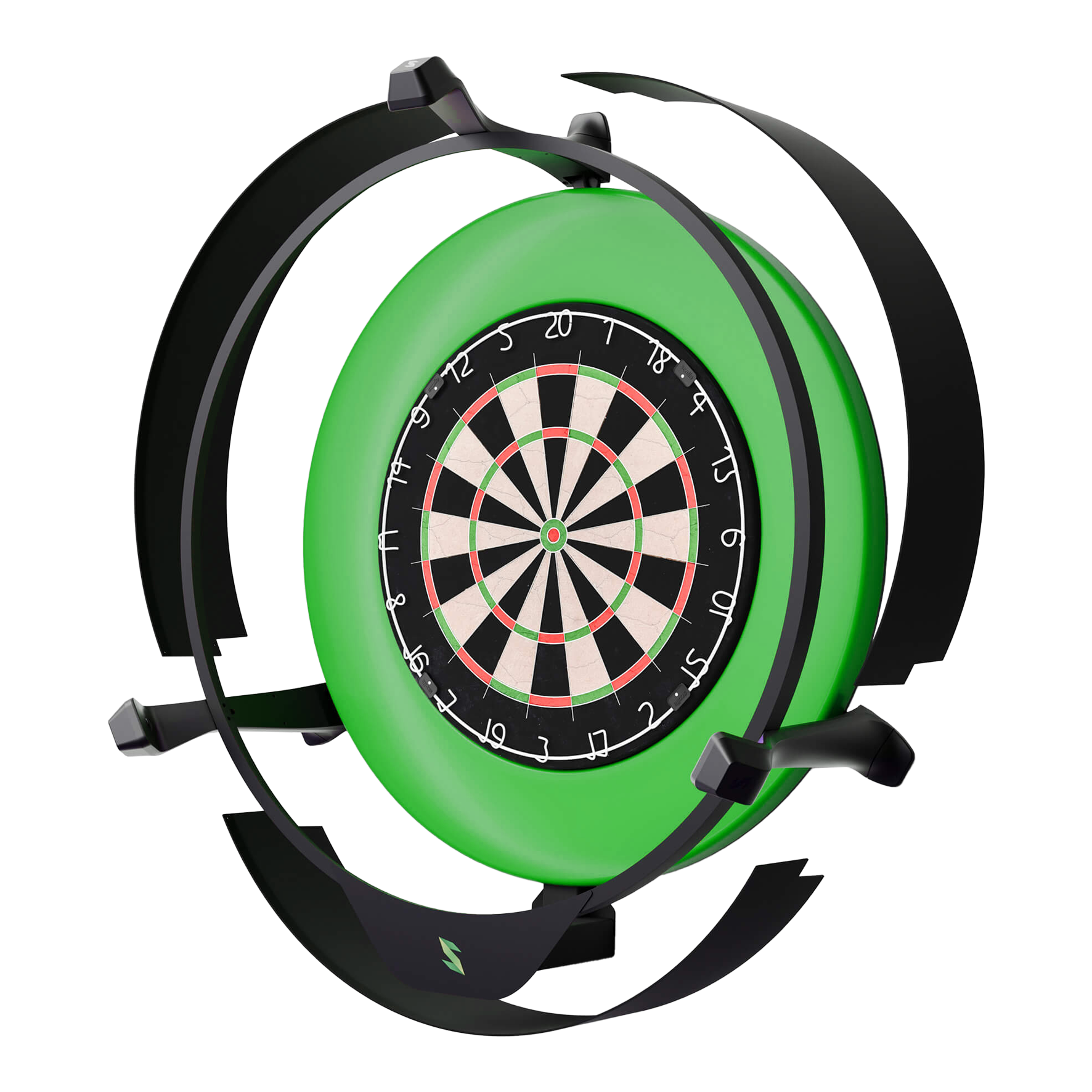 Das Bild zeigt das Produkt "Scolia Home 2 Electronic Score System mit Beleuchtungsring". Es handelt sich um ein elektronisches Punktesystem für Dartboards, das von einem grünen Beleuchtungsring umgeben ist.