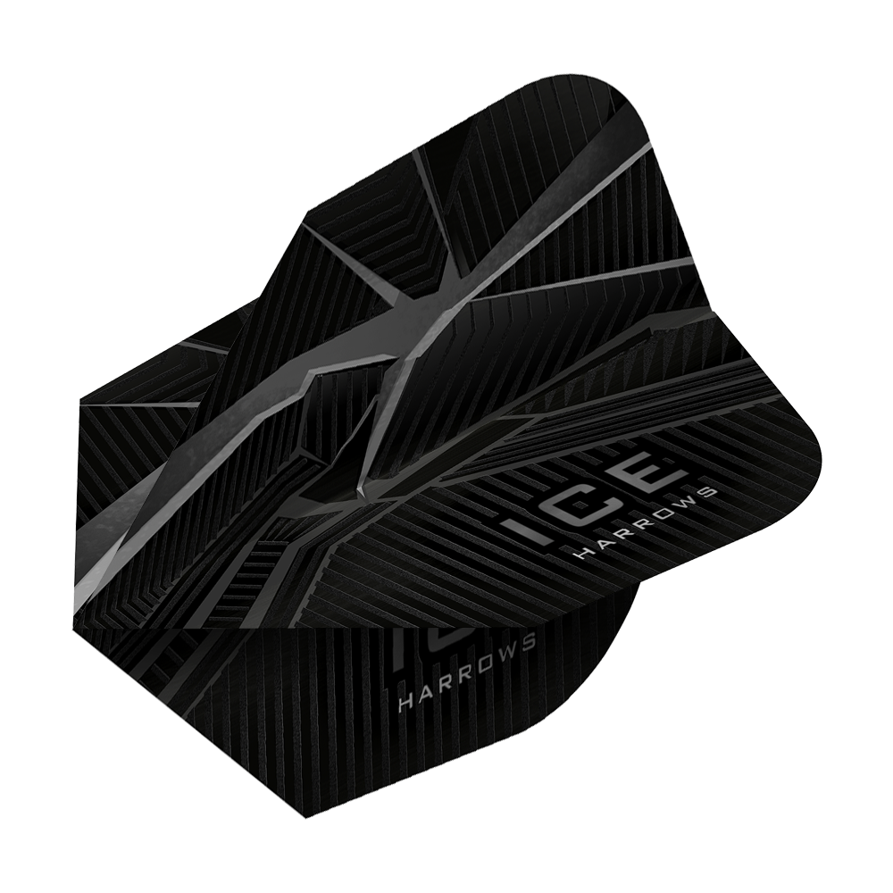 HR42_Harrows_Ice_Recut_Schwarz_Standard_Flights_2 Das Bild zeigt die Harrows Ice Recut Standard Flights. Sie sind schwarz mit einem modernen, grafischen Muster und der Aufschrift "ICE HARROWS".