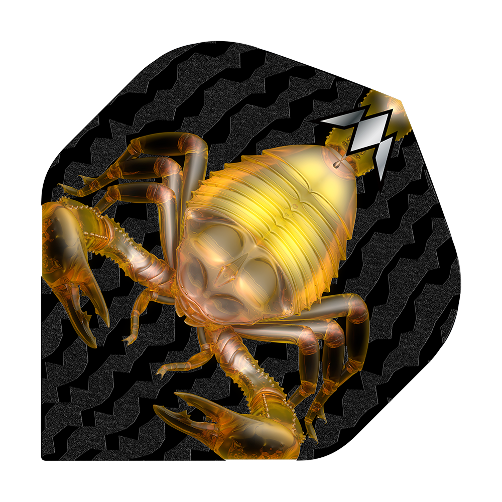 Das Bild zeigt das Produkt "Mission Solo Scorpion No2 Standard Flights" mit einer goldenen Skorpion-Grafik. Der Hintergrund ist schwarz mit einem wellenförmigen Muster.