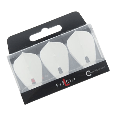 L-Style Champagne L4PRO Kite Flights Das Bild zeigt eine Packung mit drei weißen Dartflights in Kite-Form. Die Verpackung hat ein schwarzes Etikett mit der Aufschrift "Flight".