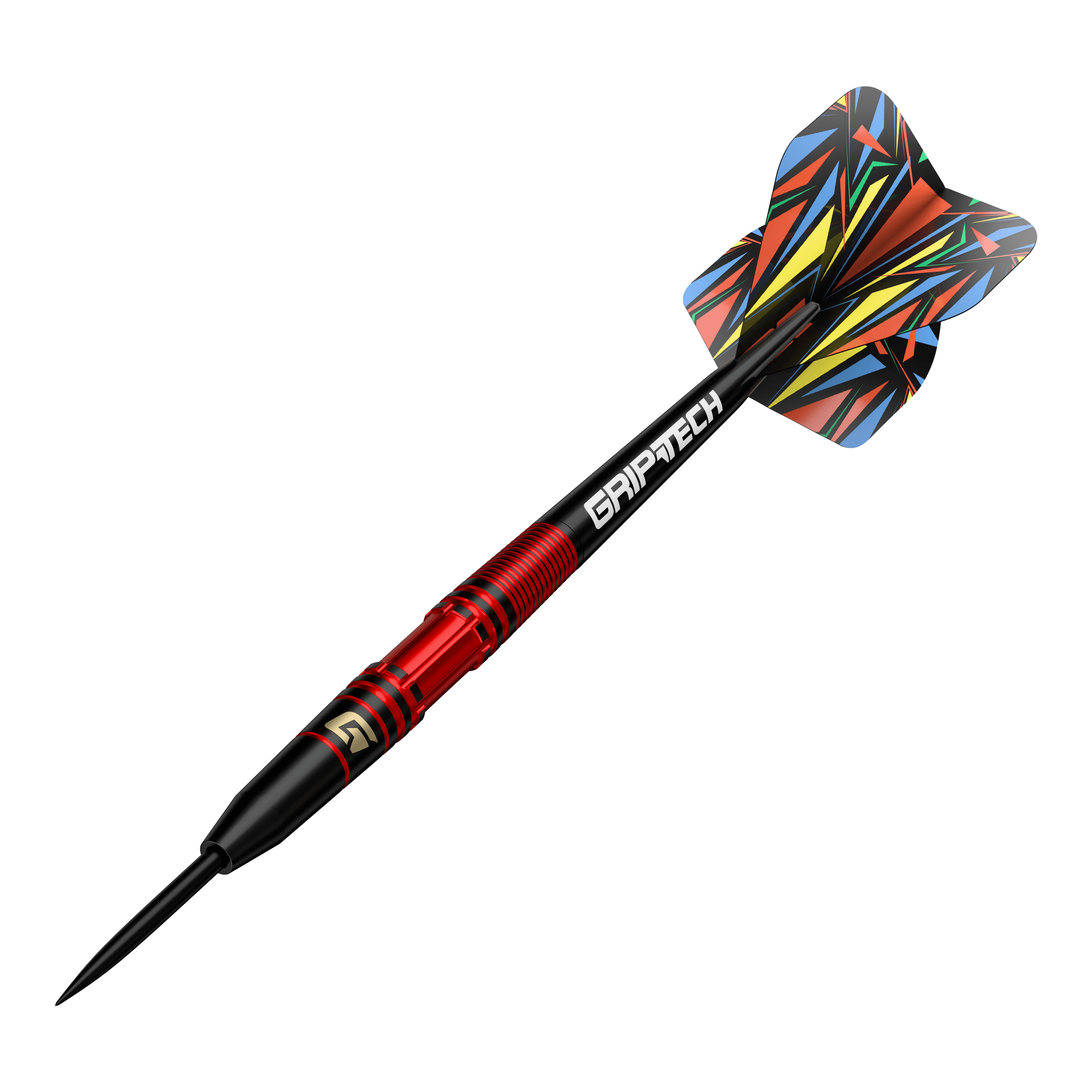 Ocelové šipky GOAT Athlete Red Brass - 11g Dies ist der GOAT Athlete Red Brass Steeldart mit einem Gewicht von 11g. Er hat ein auffälliges, bunt gemustertes Flight-Design und einen roten Griffbereich.