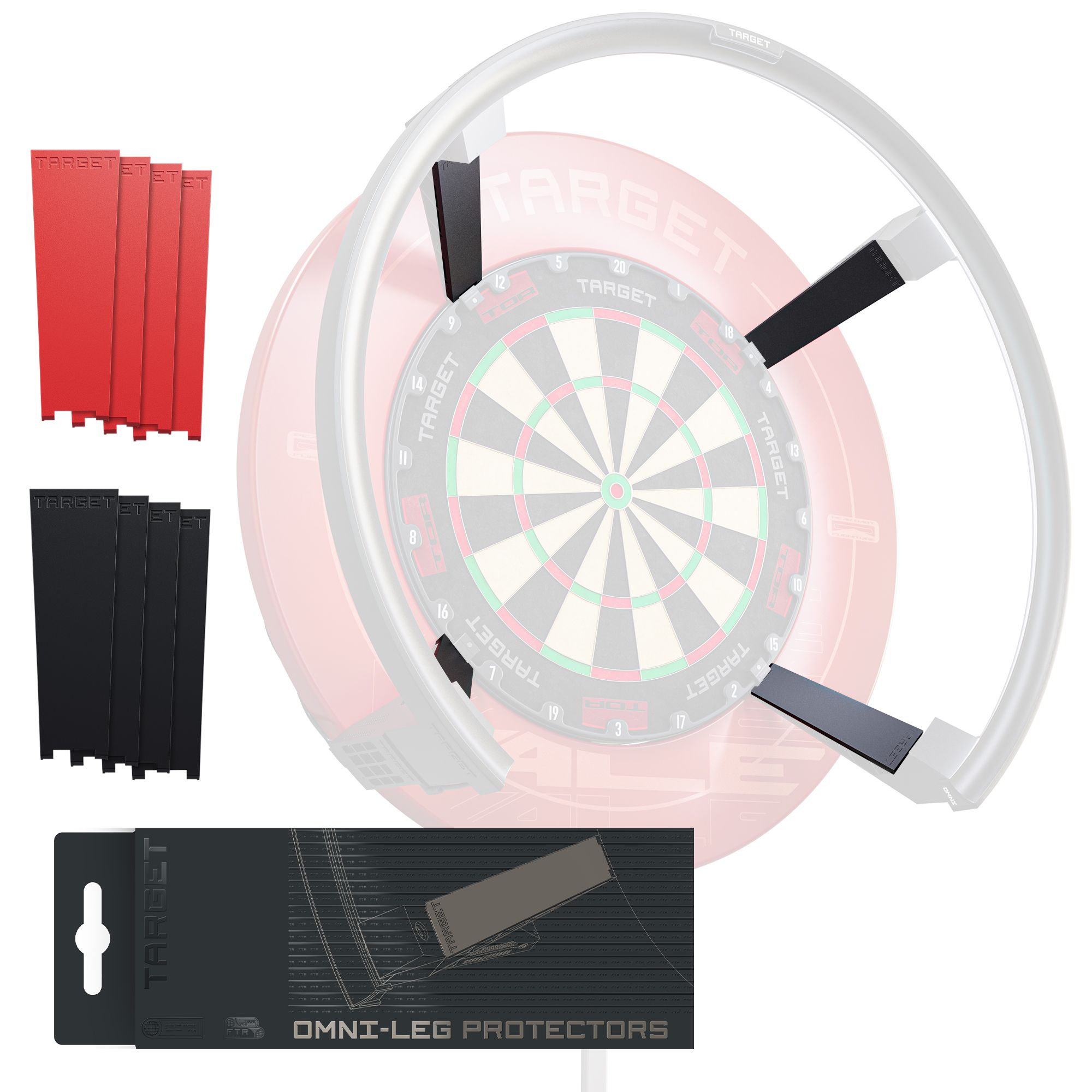 Chrániče nohou Target OMNI Target OMNI Leg Protectors sind auf diesem Bild zu sehen. Sie bieten Schutz für die Beine beim Dartspielen.