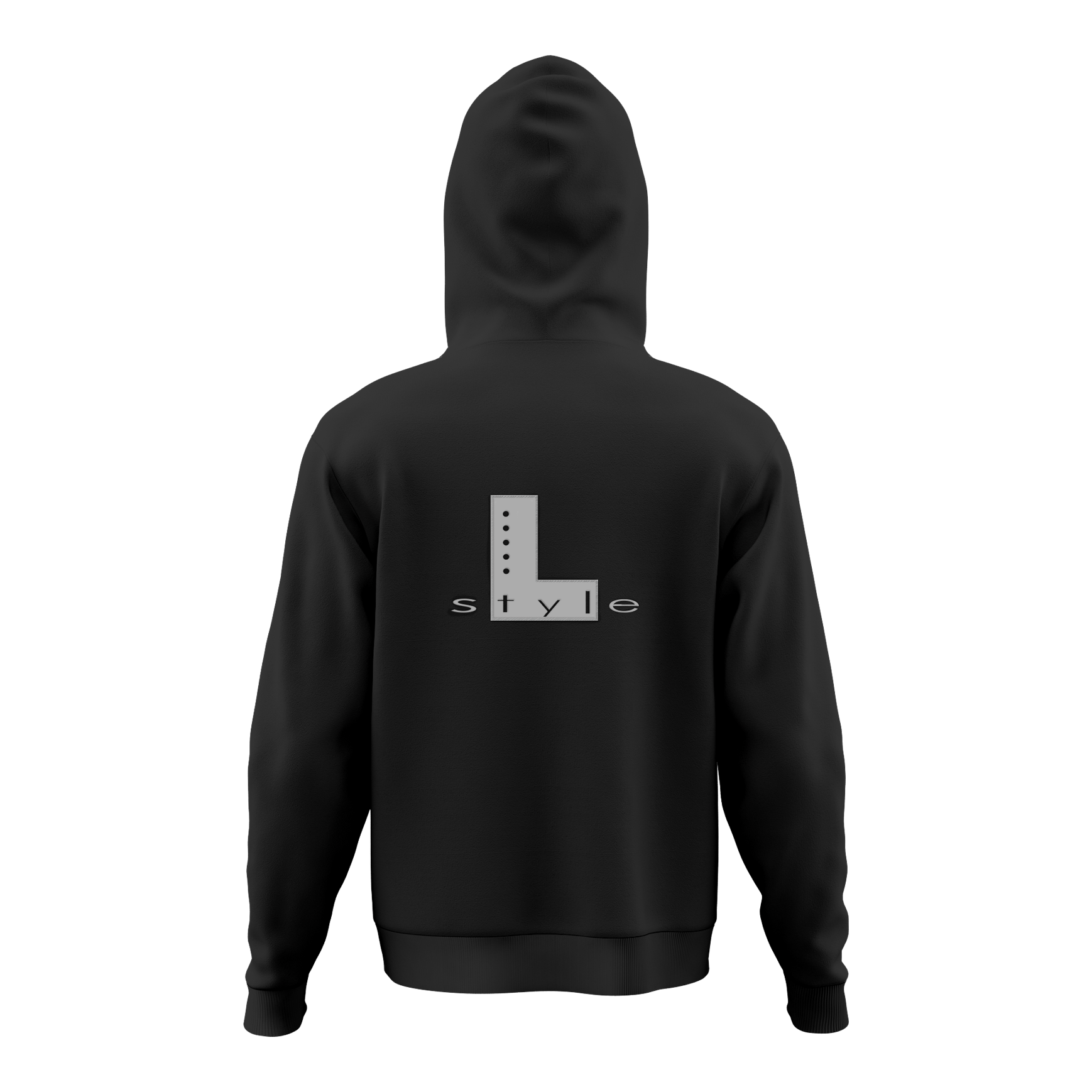 Mikina ve stylu L – černá Der Hoodie ist schwarz und hat auf dem Rücken ein großes "L style"-Logo in Grau. Das Design ist schlicht und modern gehalten.