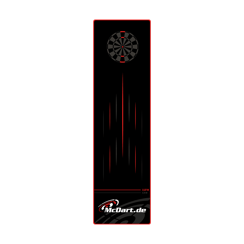 McDart Tops Dartteppich Das Bild zeigt den McDart Tops Dartteppich mit einem schwarzen Design und roten Akzenten. Oben ist eine Dartscheibe abgebildet und unten befindet sich das McDart.de-Logo.