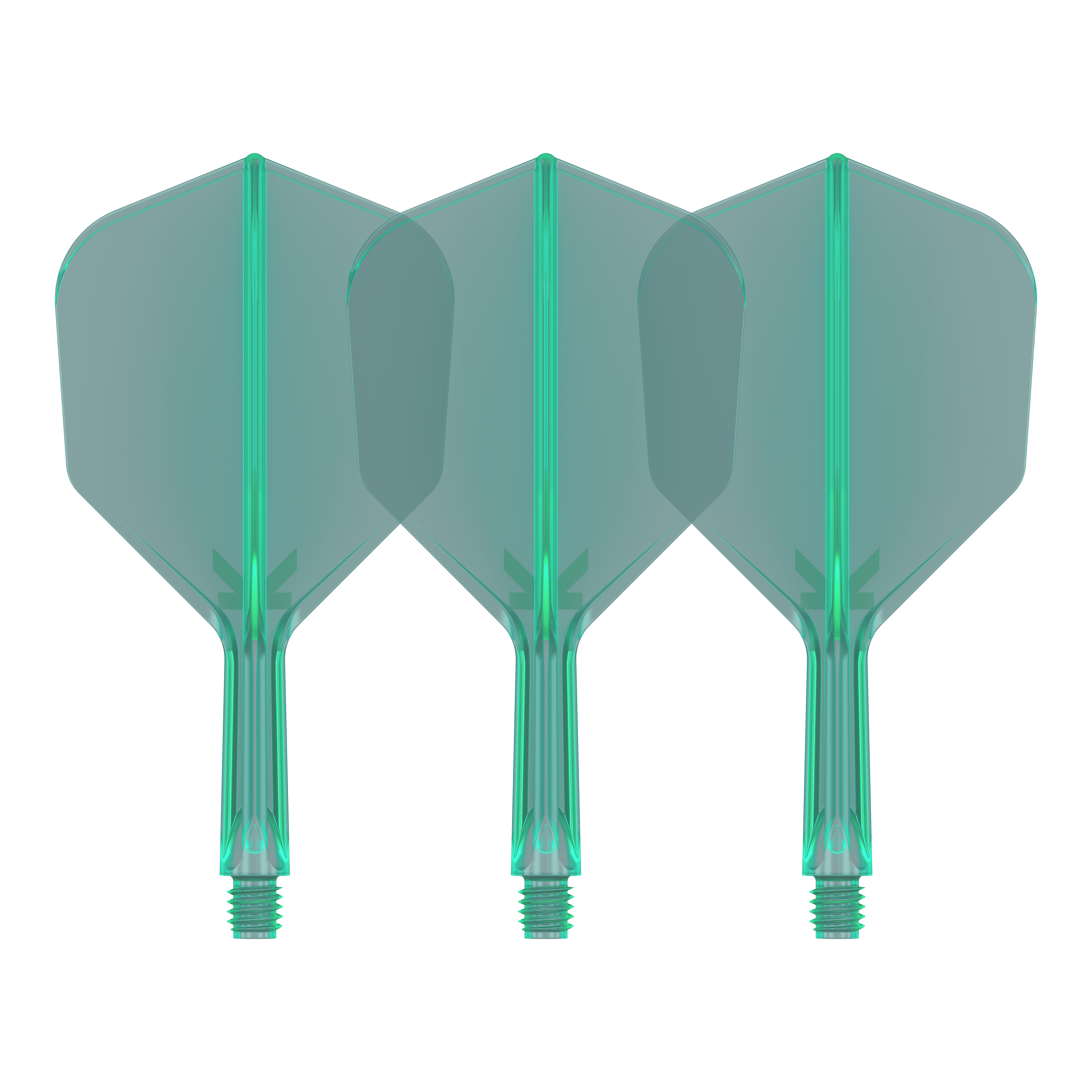 Letový systém Target K-Flex No6 - zelený Auf dem Bild sind drei grüne Dartflights mit integriertem Schaft zu sehen. Sie stehen nebeneinander und haben eine transparente Optik.