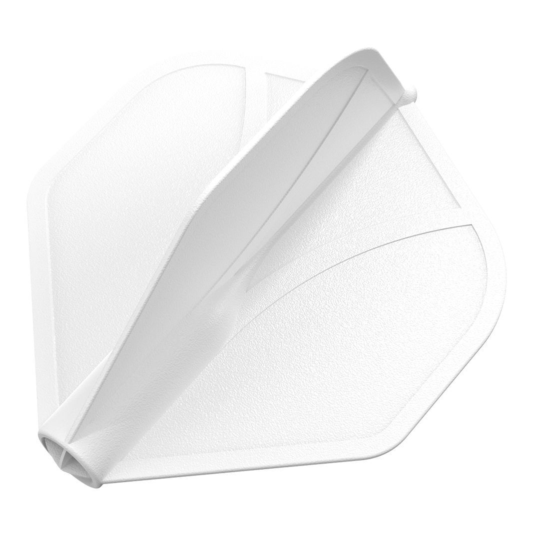 Standardní letky Shot Airfoil Molded No2 Das Bild zeigt eine weiße Dart-Flugfeder in Standardform. Die Oberfläche wirkt strukturiert und leicht glänzend.