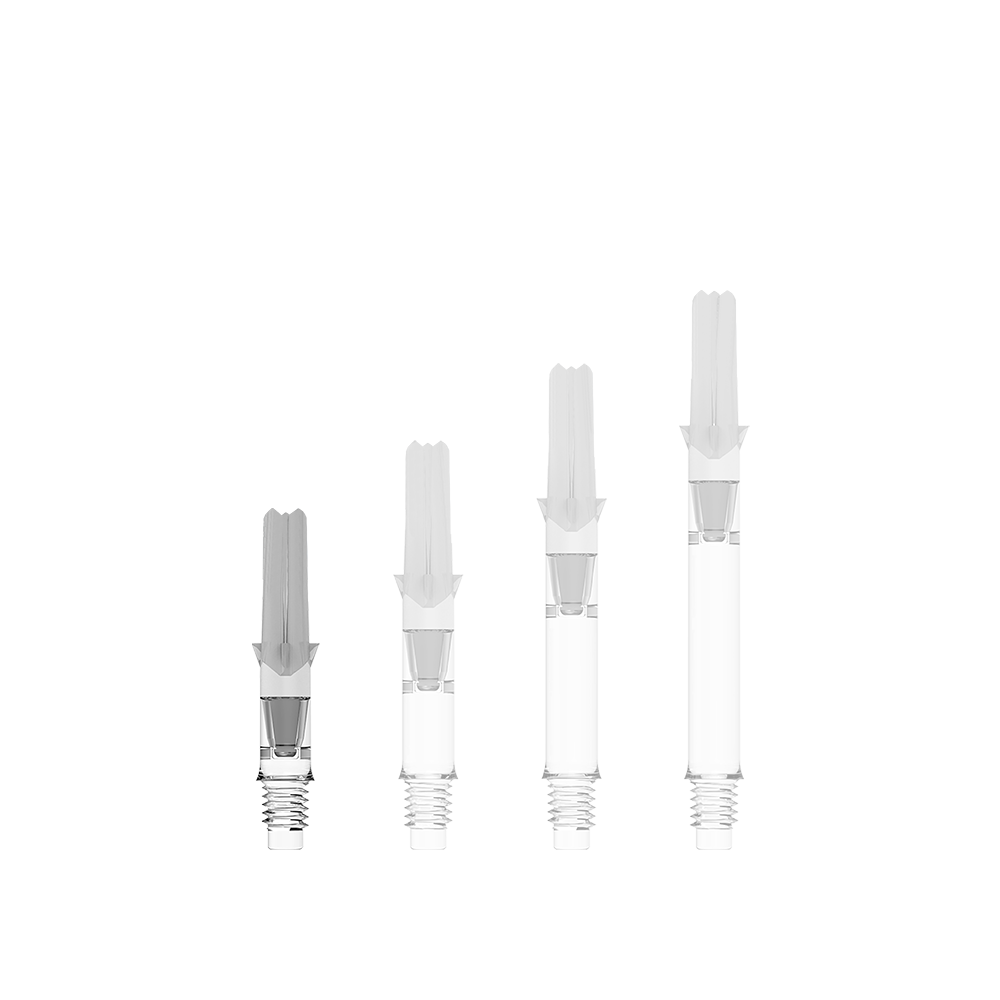 L-L-Style-Shafts Silent Straight - Clear Ein transparentes, gerades L-Shaft ohne Kappen, 26mm, ist abgebildet. Dies ist ein Teil für Dartpfeile.