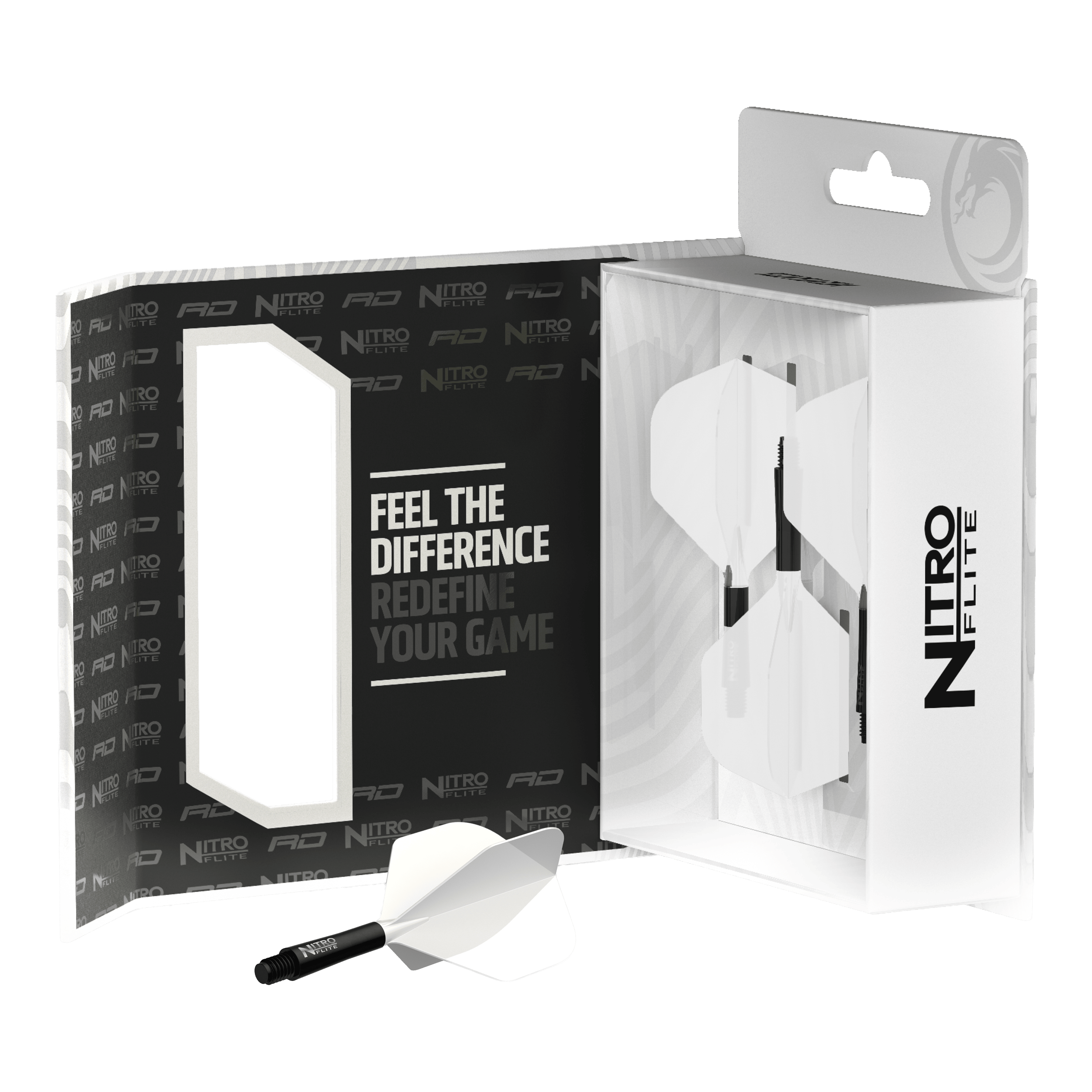 Das Bild zeigt das Produkt Red Dragon Nitroflite Black Shaft White Flights No2. Es handelt sich um einen schwarzen Dart-Schaft mit weißen Flights.