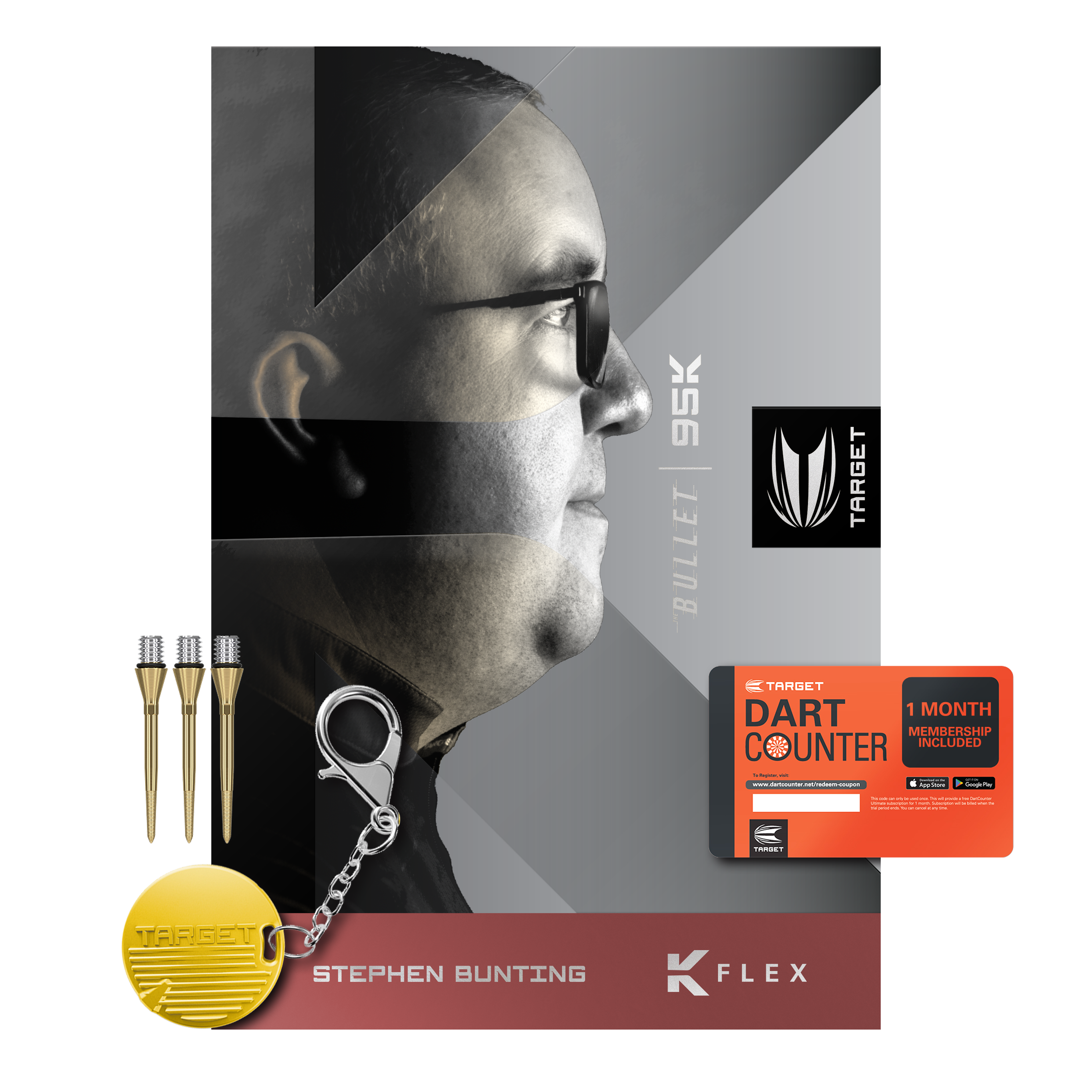 Měkké šipky Target Stephen Bunting 95K - 19g Das Bild zeigt das Produkt "Target Stephen Bunting 95K Softdarts - 19g" mit Zubehör wie Dartspitzen, Schlüsselanhänger und einer Dart Counter Karte. Im Hintergrund ist ein Porträt von Stephen Bunting zu sehen.