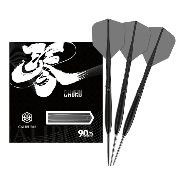 Abgebildet sind die Caliburn Chord C3 Steeldarts mit 22,5 Gramm in voller Ansicht. Diese Darts bieten eine gute Balance und Kontrolle.