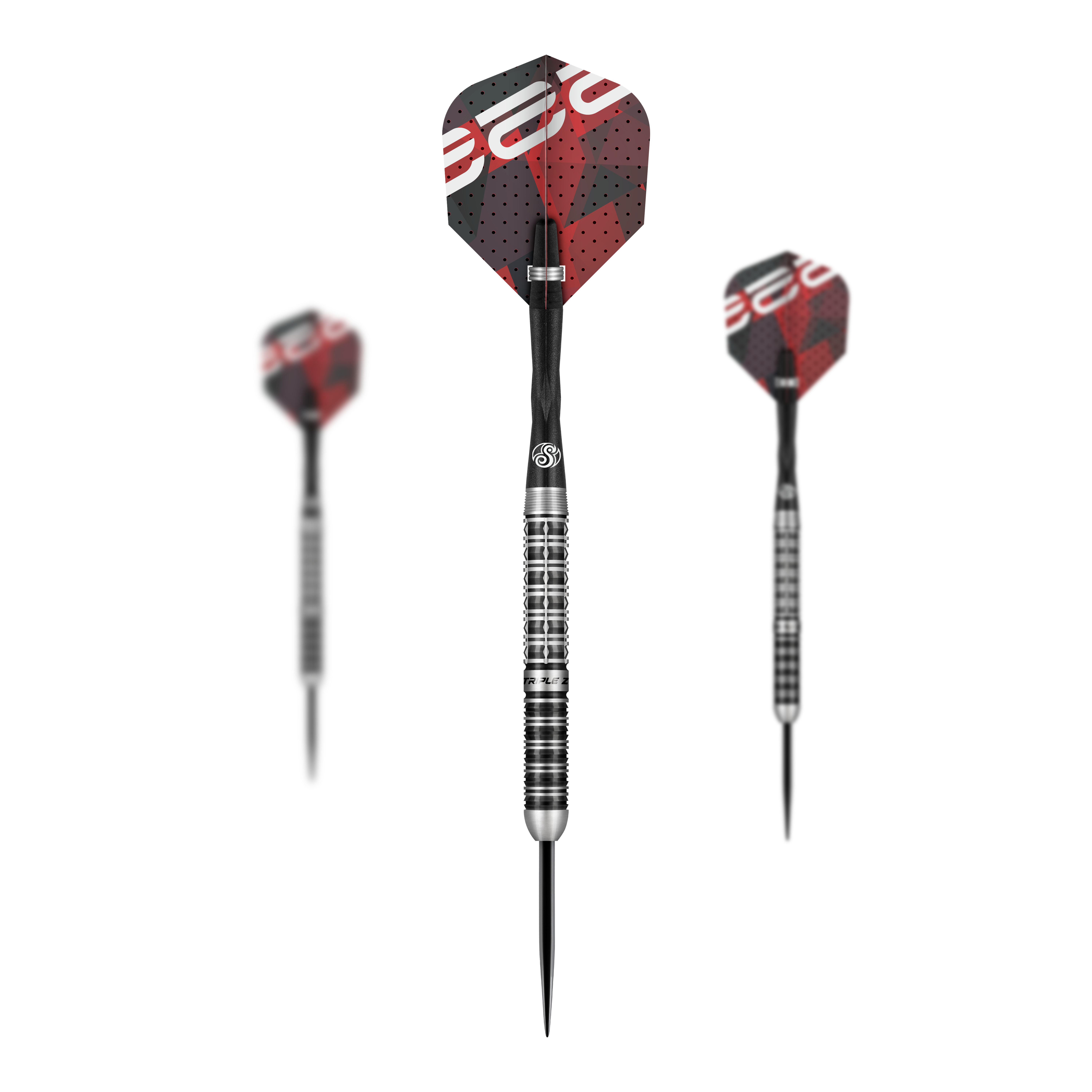Ocelové šipky Niels Zonneveld V2 Das Bild zeigt drei Steeldarts des Modells "Shot Niels Zonneveld V2". Die Darts haben silber-schwarze Spitzen und Schäfte sowie rote und schwarze Flights mit Muster.