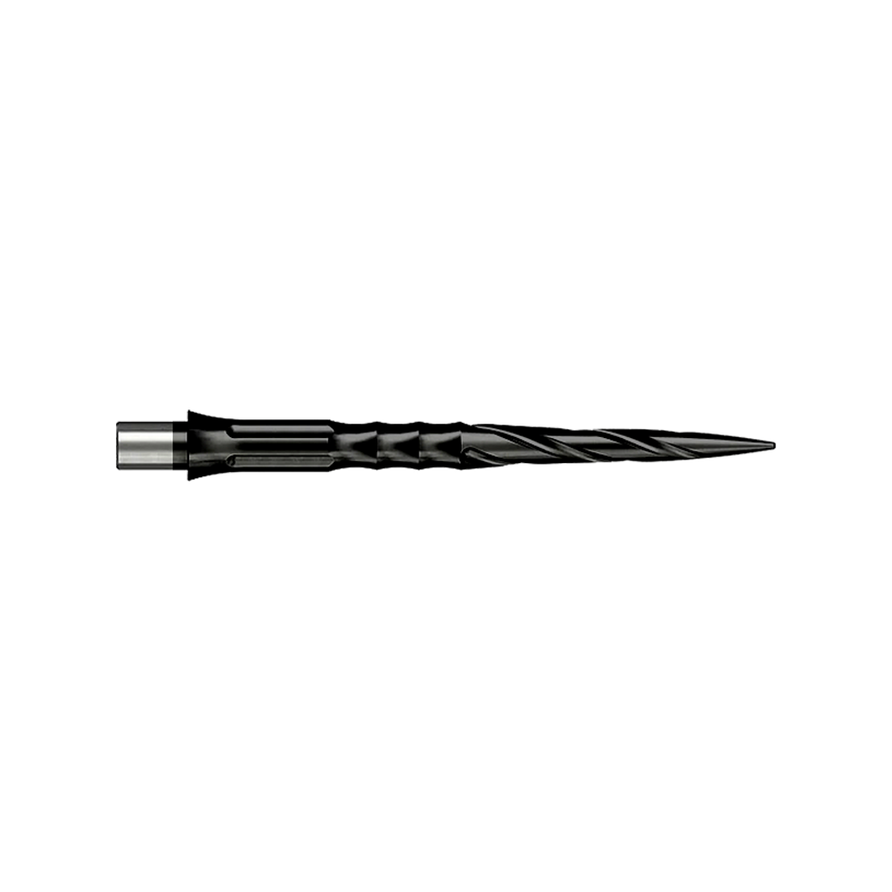Das Bild zeigt Steeldartspitzen aus der Datei 'EVO007_Caliburn_Evo_System_Steeldartspitzen_Spiro_NoLip_Black_28mm_2_(1)'. Zwei schwarze, strukturierte Dartspitzen sind nebeneinander abgebildet.