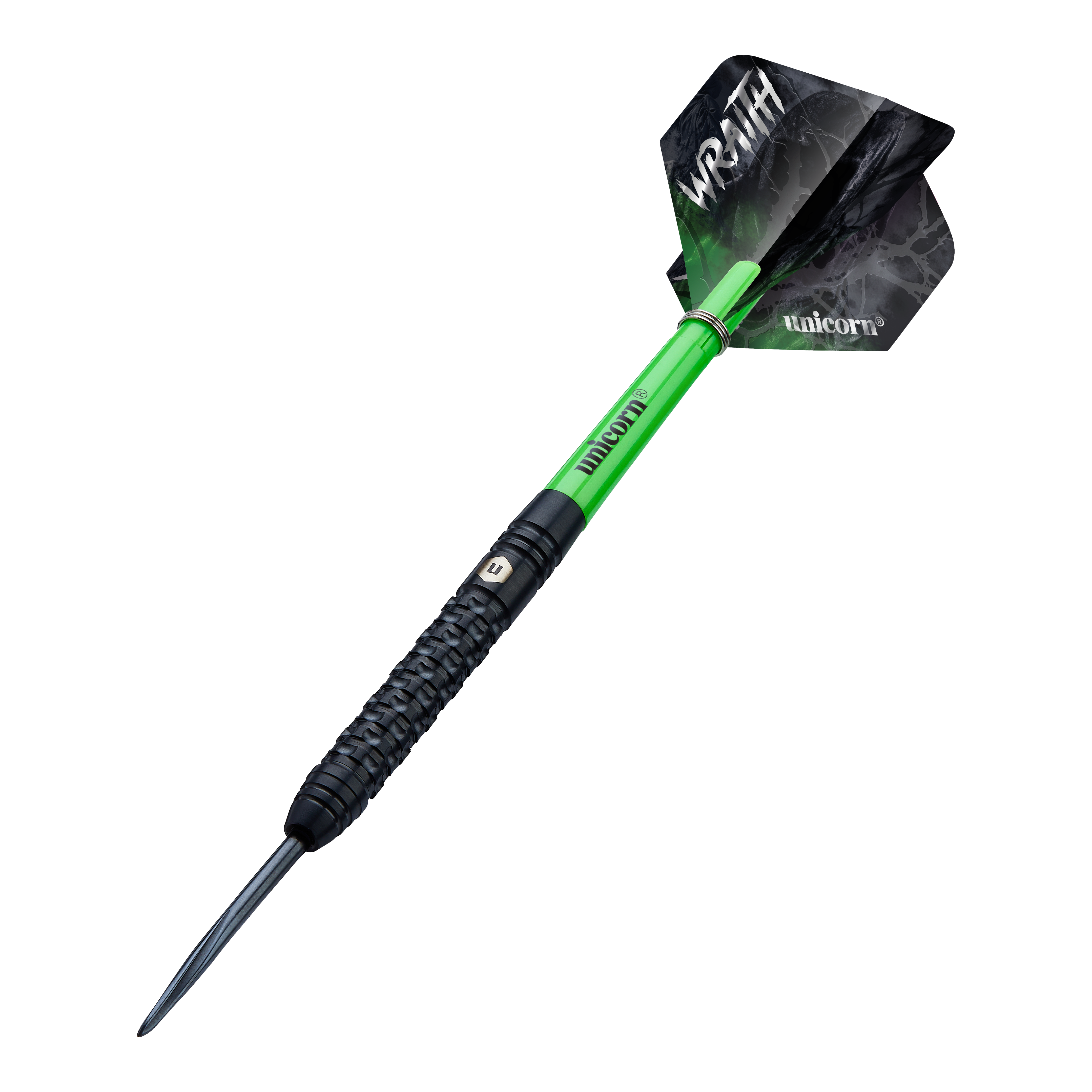 Ocelové šipky Unicorn Wraith Das Bild zeigt einen Unicorn Wraith Steeldart mit einem schwarzen und grünen Design. Auf den Flights stehen die Wörter "WRAITH" und "unicorn".