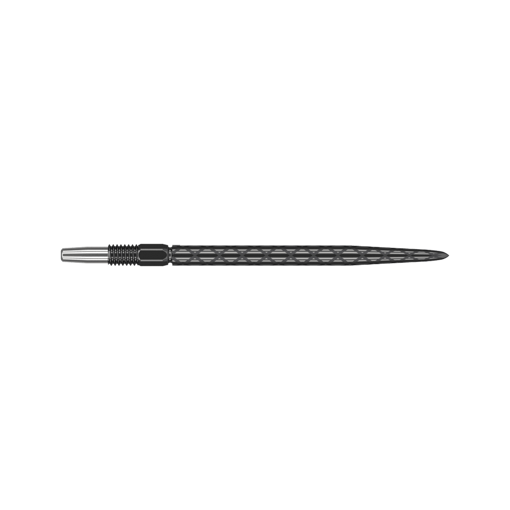 Zaměřte hroty šipek Swiss Diamond Pro Black Points Das Bild zeigt eine schwarze Dartspitze mit rautenförmiger Struktur. Sie ist lang und schmal mit einem silbernen Gewinde am Ende.