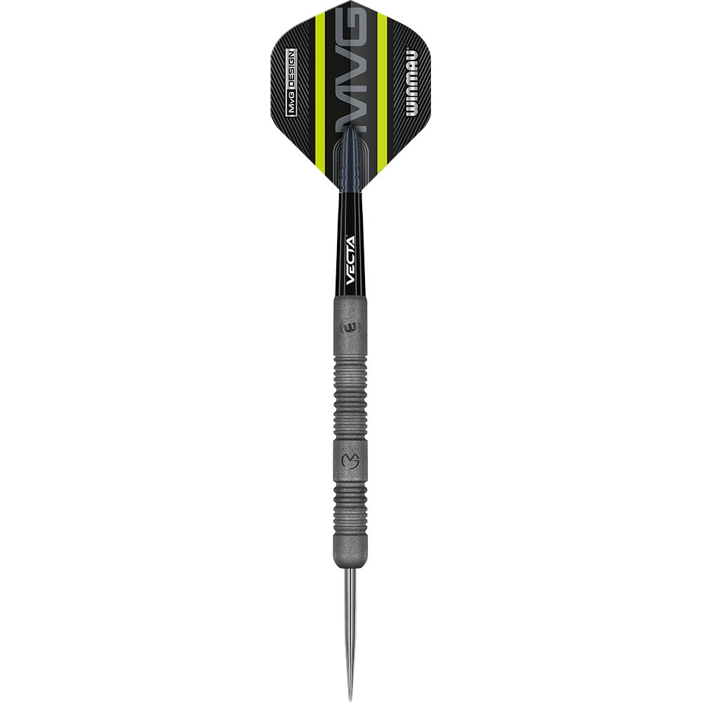 1468_Winmau_Michael_Van_Gerwen_Exact_Steeldarts_12rqCCLPjfpflh Das Bild zeigt einen Winmau Michael Van Gerwen Exact Steeldart. Der Dartpfeil hat ein schwarzes und grünes Design mit dem Schriftzug "MVG" auf dem Flight.