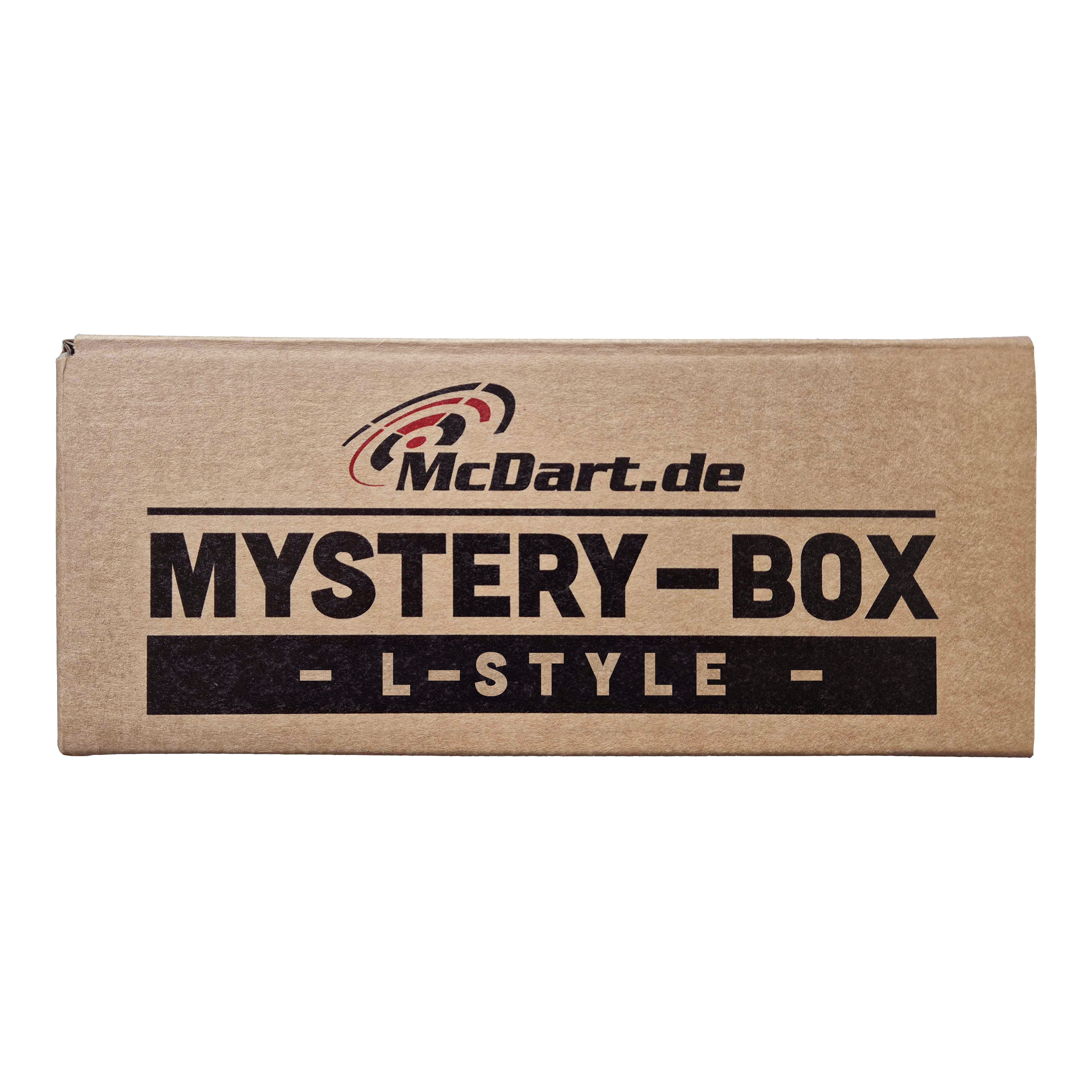 McDart Mystery Box – styl L Auf dem Bild ist eine braune Box mit der Aufschrift "McDart.de Mystery-Box - L-Style -" zu sehen. Die Box sieht verschlossen aus und weckt Neugier auf den Inhalt.