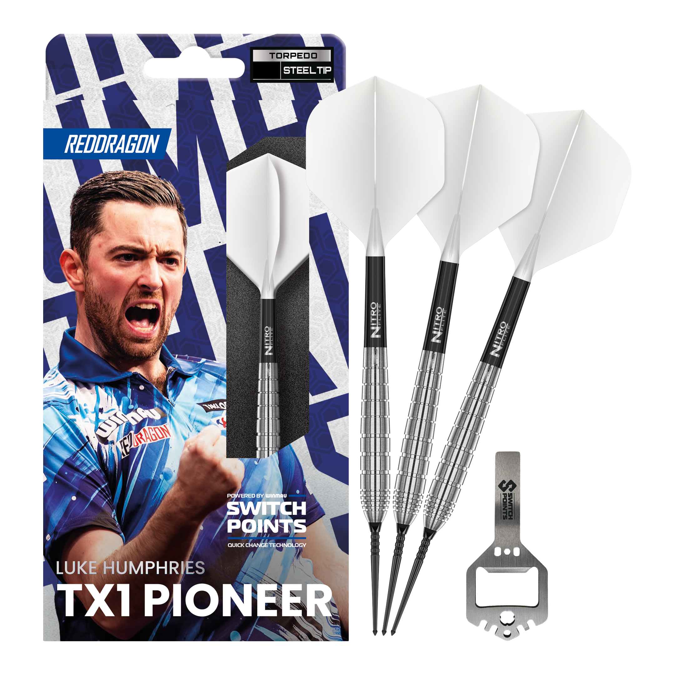 Šipky Red Dragon Luke Humphries TX1 Pioneer Switch Point ocelové Dieses Bild zeigt die Red Dragon Luke Humphries TX1 Pioneer Switch Point Steeldarts in voller Ansicht. Die Darts sind für Präzision und hohe Leistung bekannt.