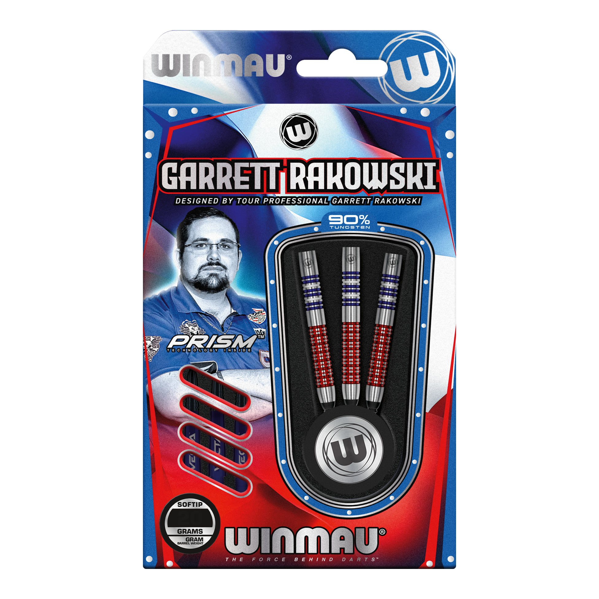 Winmau Garrett Rakowski měkké šipky - 20g Auf dem Bild ist eine Verpackung der "Winmau Garrett Rakowski Softdarts - 20g" zu sehen. Die Verpackung zeigt die Darts sowie ein Bild von Garrett Rakowski und ist in Blau, Rot und Weiß gestaltet.
