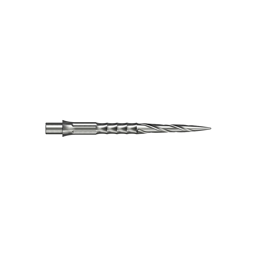 Zwei silberne Steeldartspitzen sind abgebildet. Die Spitzen sind 30 mm lang und haben ein Spiro NoLip Design.