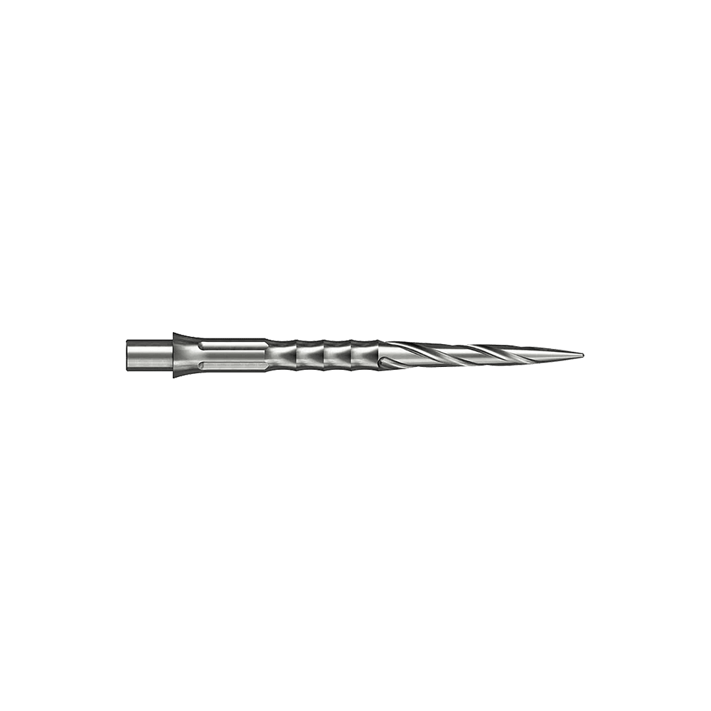 Ocelové hroty na šipky Caliburn System - Spiro - NoLip - stříbrné Zwei silberne Steeldartspitzen sind abgebildet. Die Spitzen sind 30 mm lang und haben ein Spiro NoLip Design.