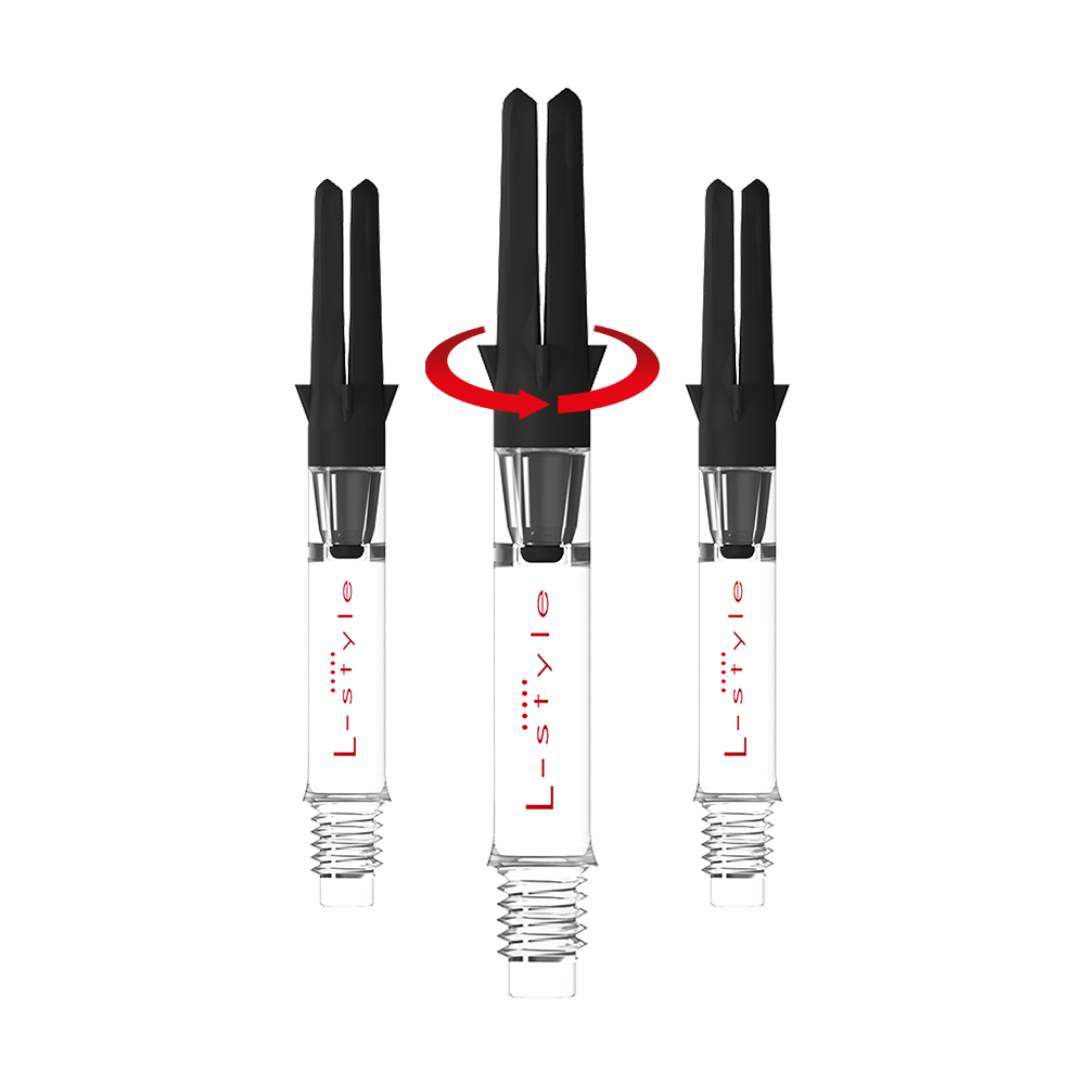 Das Bild zeigt ein Set von L-Style L-Shaft Carbon Silent Straight Clear Schäften ohne Kappen. Die Schäften bestehen aus klarem Carbonmaterial.