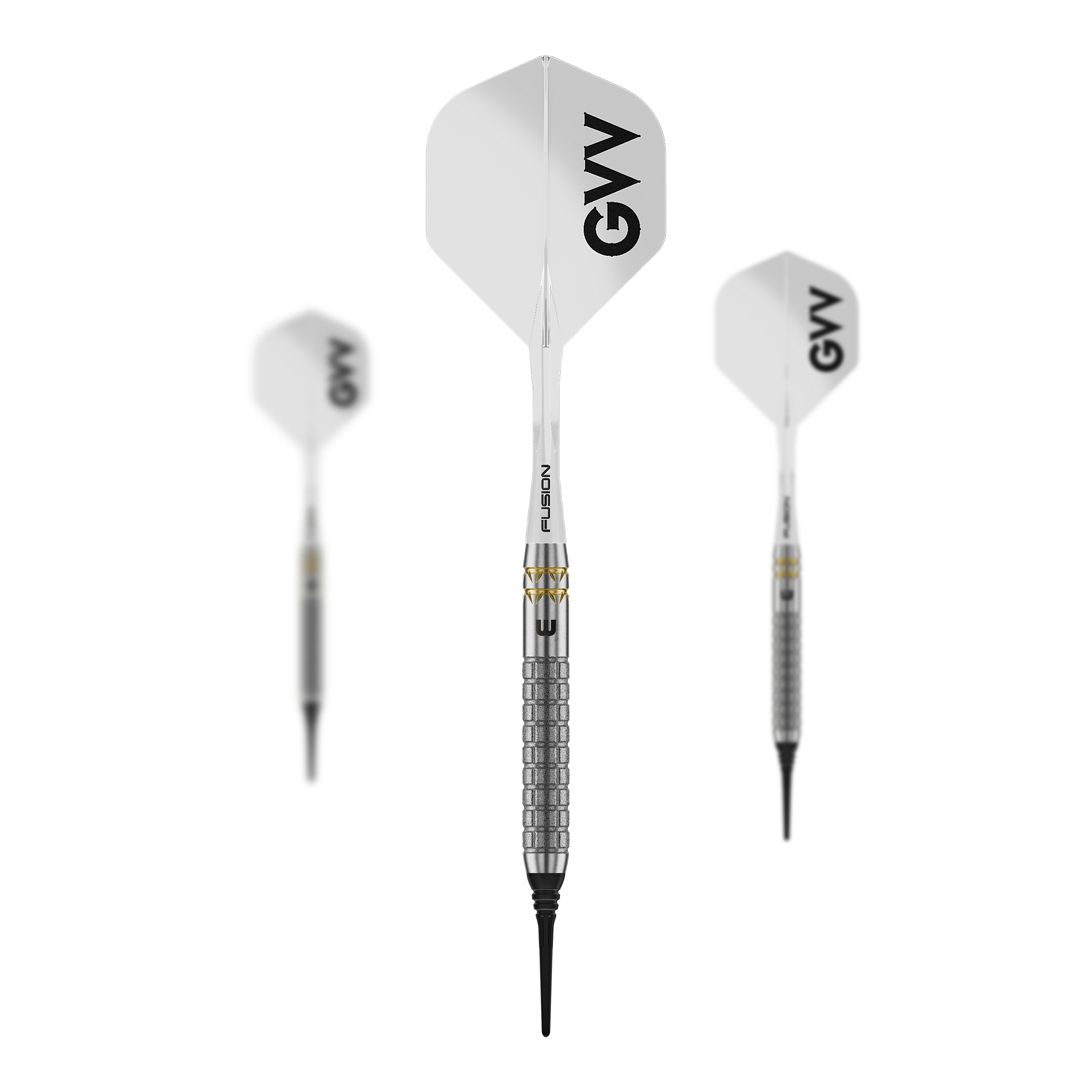 Winmau Gian Van Veen W-MAX měkké šipky - 18g Auf dem Bild ist ein Set Winmau Gian Van Veen W-MAX Softdarts - 18g zu sehen. Drei Darts und das Zubehör sind abgebildet.