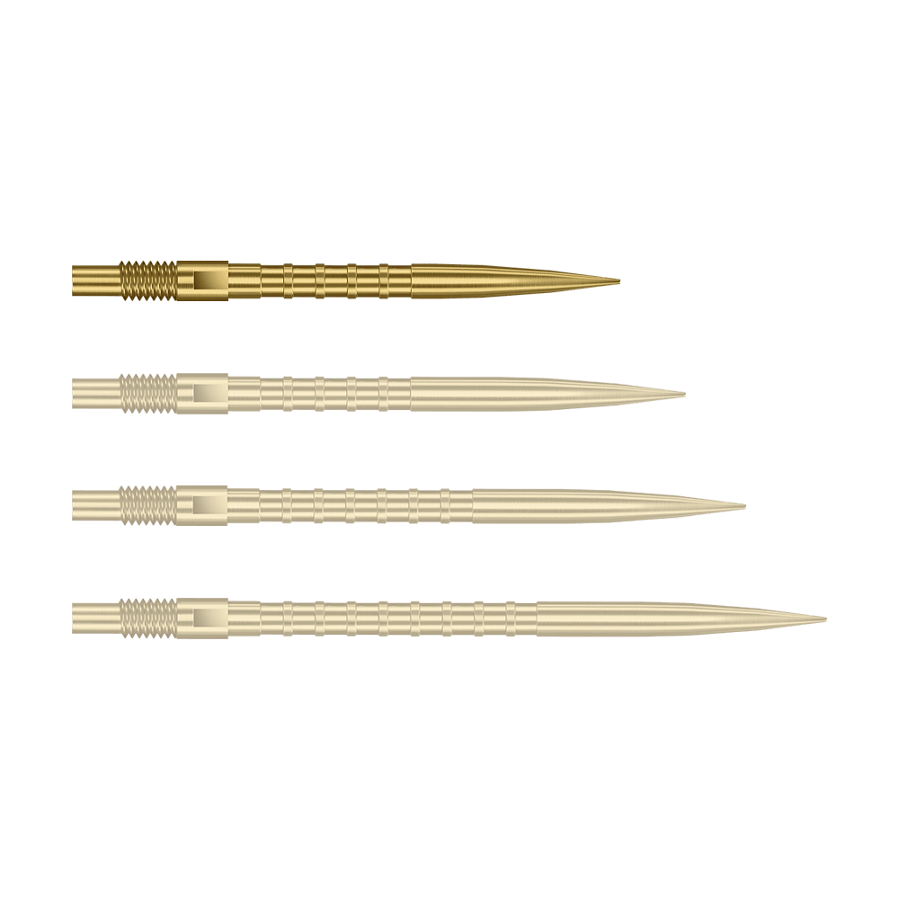 Špičky na šipky Harrows Quick Point Heavy Metal - zlaté Das Bild zeigt Dartspitzen mit starkem Metallgriff in goldener Farbe und 26mm Länge. Das Produkt ist Harrows Quick Point Heavy Metal Grip Dartspitzen Gold 26mm.