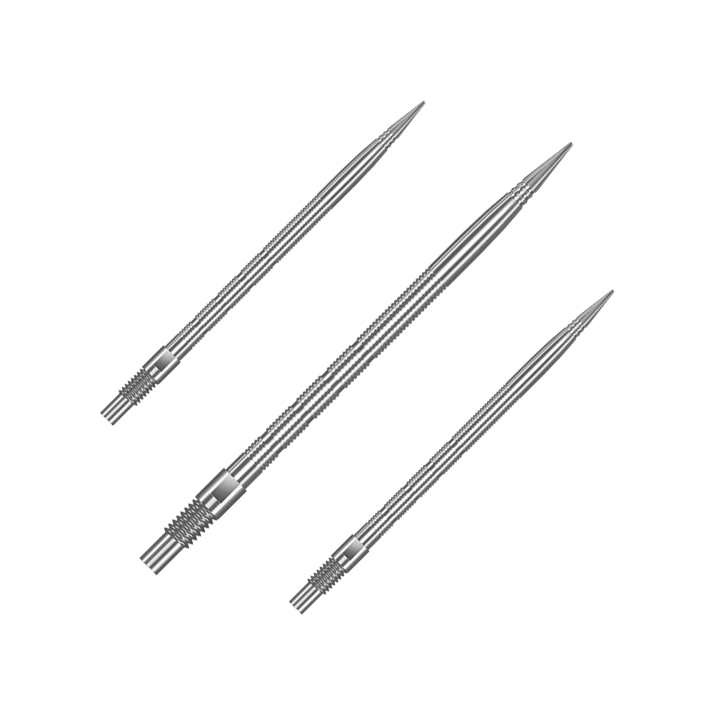 Das Bild zeigt QP28023 Harrows Quick Point MicroRidge Dartspitzen Silber 40mm 1Set. Es handelt sich um Ersatz-Dartspitzen für Darts in silberner Farbe.