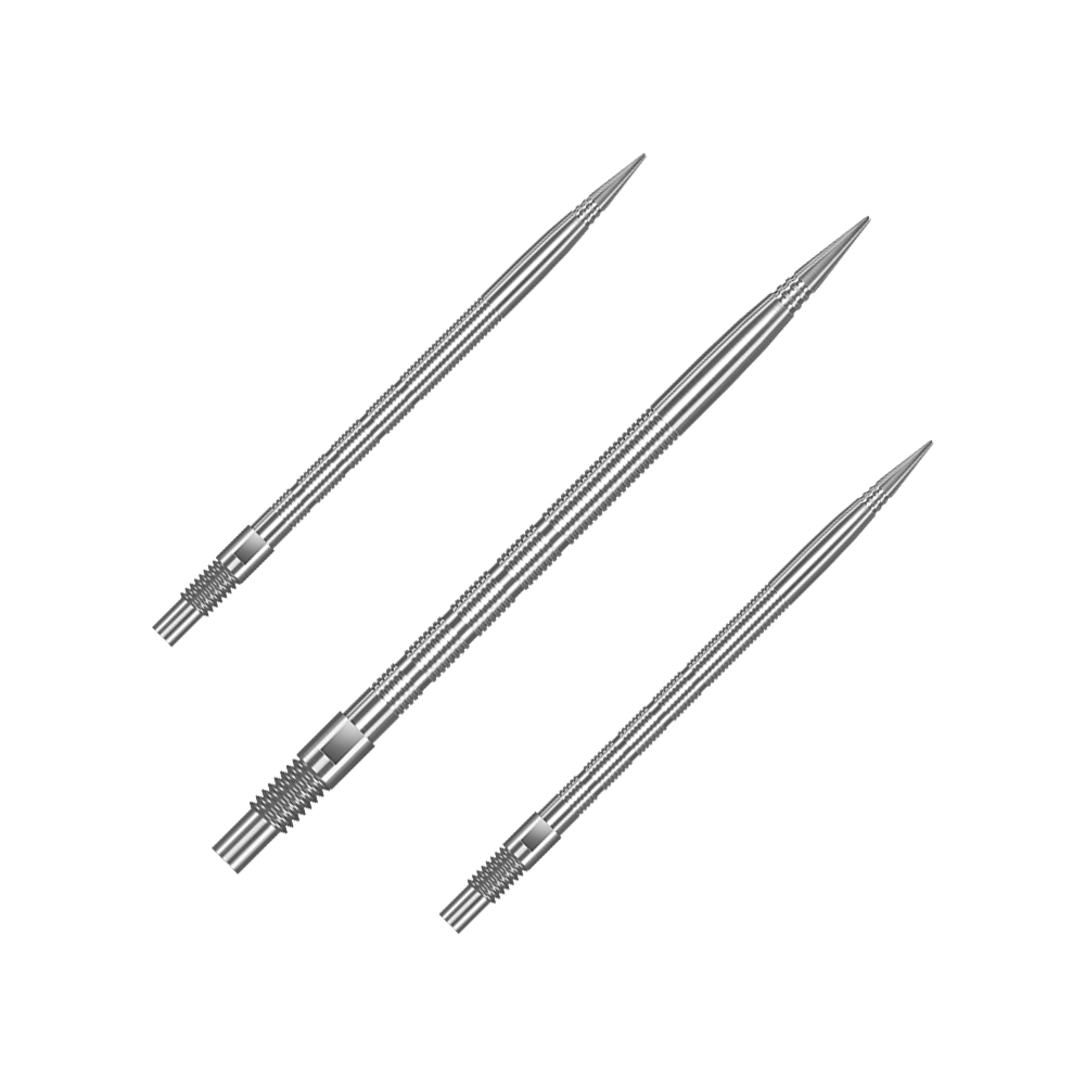 Špičky na šipky Harrows Quick Point Micro Ridge - stříbrné Das Bild zeigt QP28023 Harrows Quick Point MicroRidge Dartspitzen Silber 40mm 1Set. Es handelt sich um Ersatz-Dartspitzen für Darts in silberner Farbe.