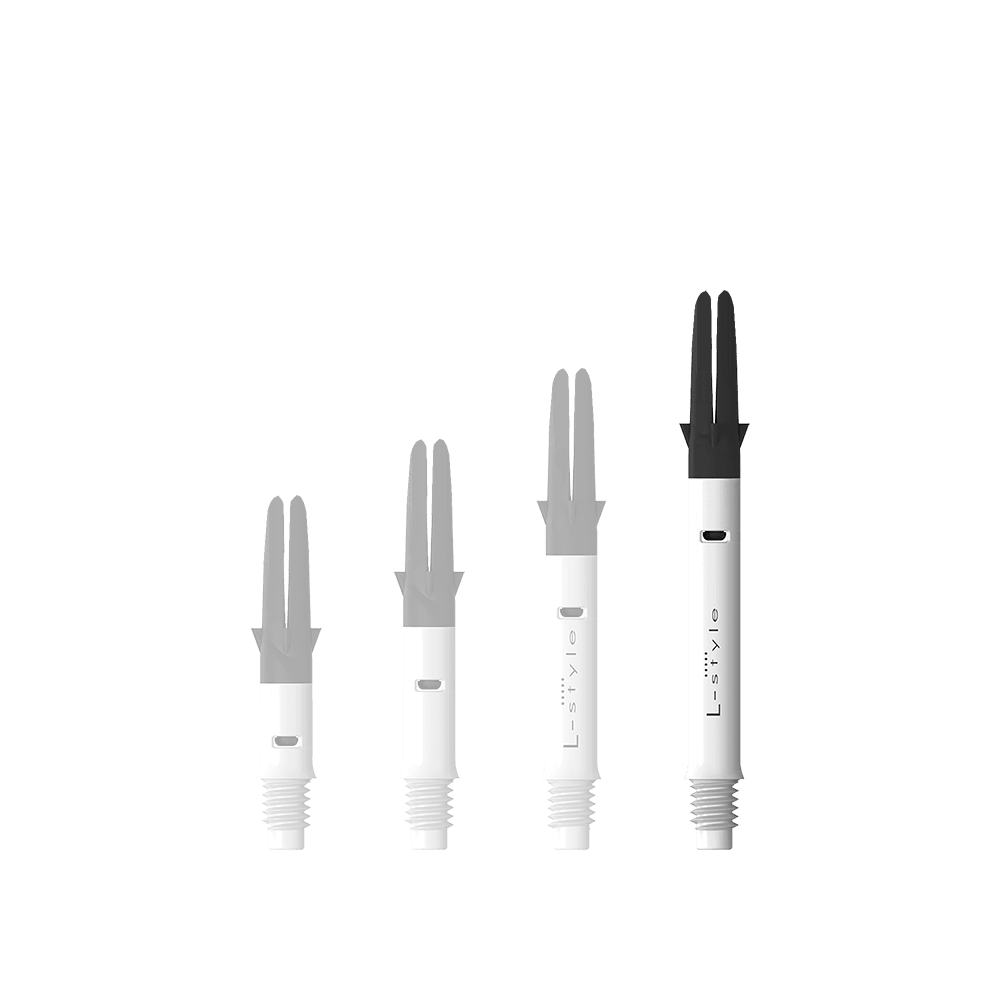 Das Bild zeigt den L-Style L-Shaft Carbon Silent Straight in Weiß, Modell 330. Der Artikel ist ein stabiler Schaft für Dartpfeile.