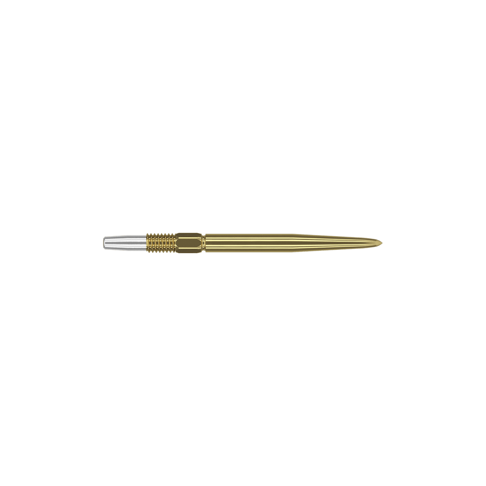 Zaměřte hroty šipek Swiss Point Gold Das Bild zeigt eine goldfarbene Dartspitze mit feinen Rillen. Links befindet sich ein silbernes Schraubgewinde zur Befestigung.