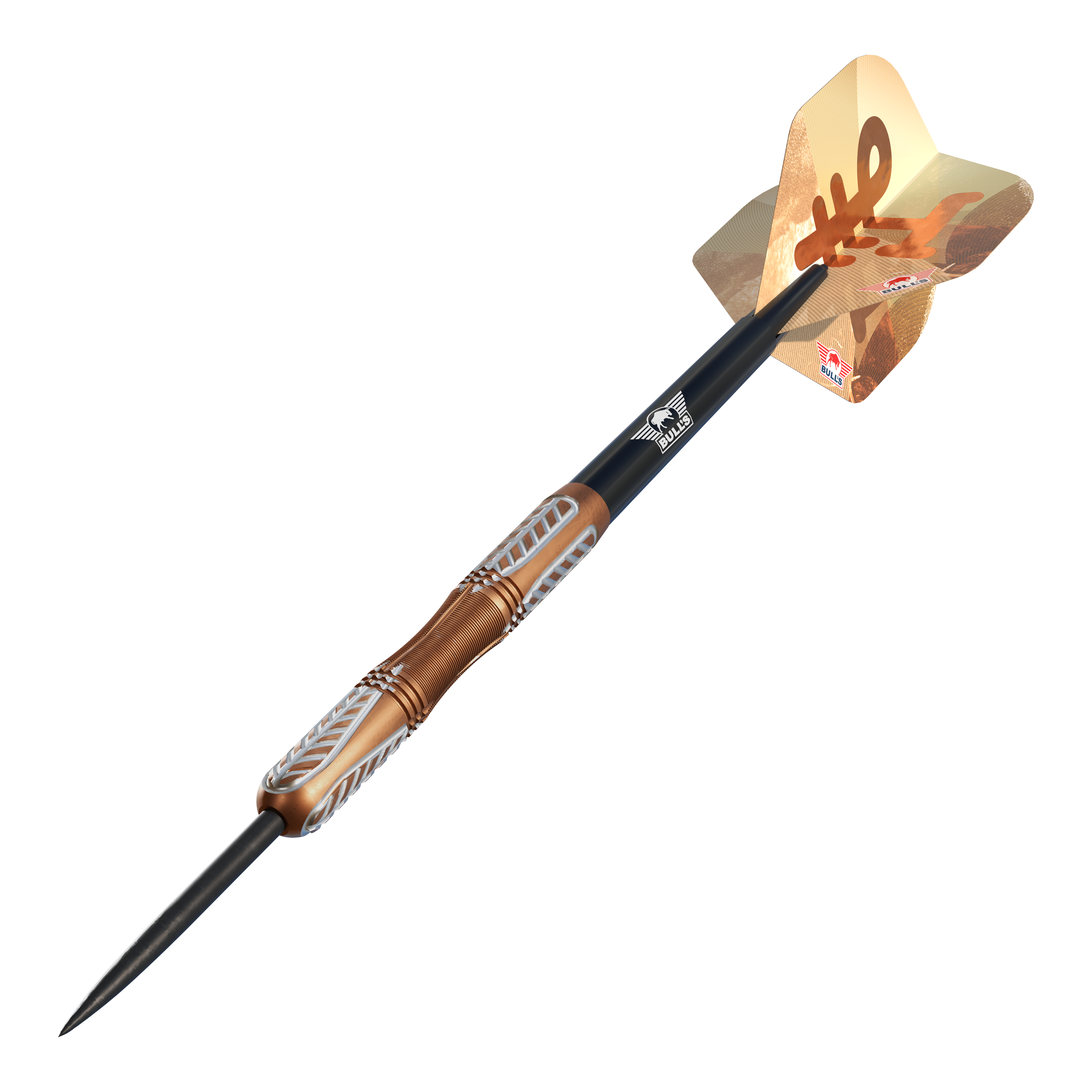 Bulls NL Bronzo True Steeldarts mit 23 Gramm Gewicht sind abgebildet. Das Bild zeigt Steeldarts mit typischem bronzefarbenem Design.