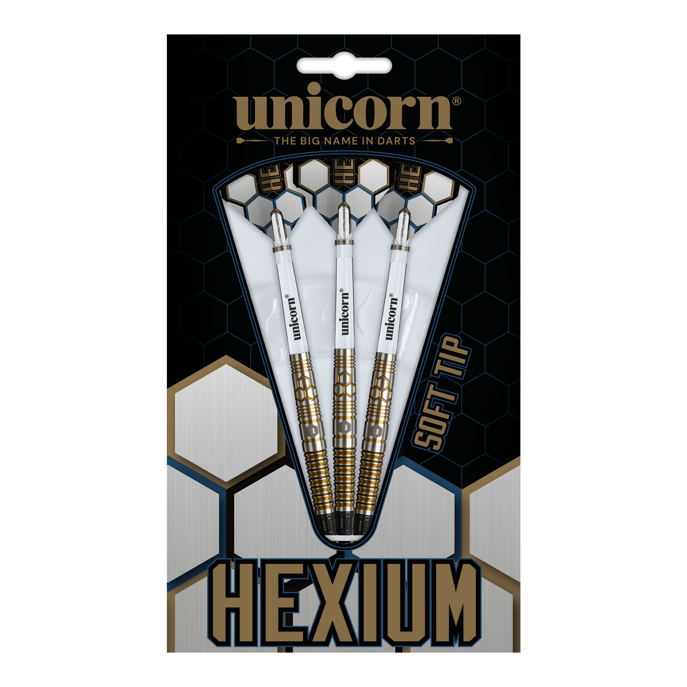 Měkké šipky Unicorn Hexium Style 03 zlaté a černé - 23g Abgebildet sind die Unicorn Hexium Style 03 Gold & Black Softdarts mit 23g. Die Pfeile zeichnen sich durch ihr elegantes Design in Gold und Schwarz aus.