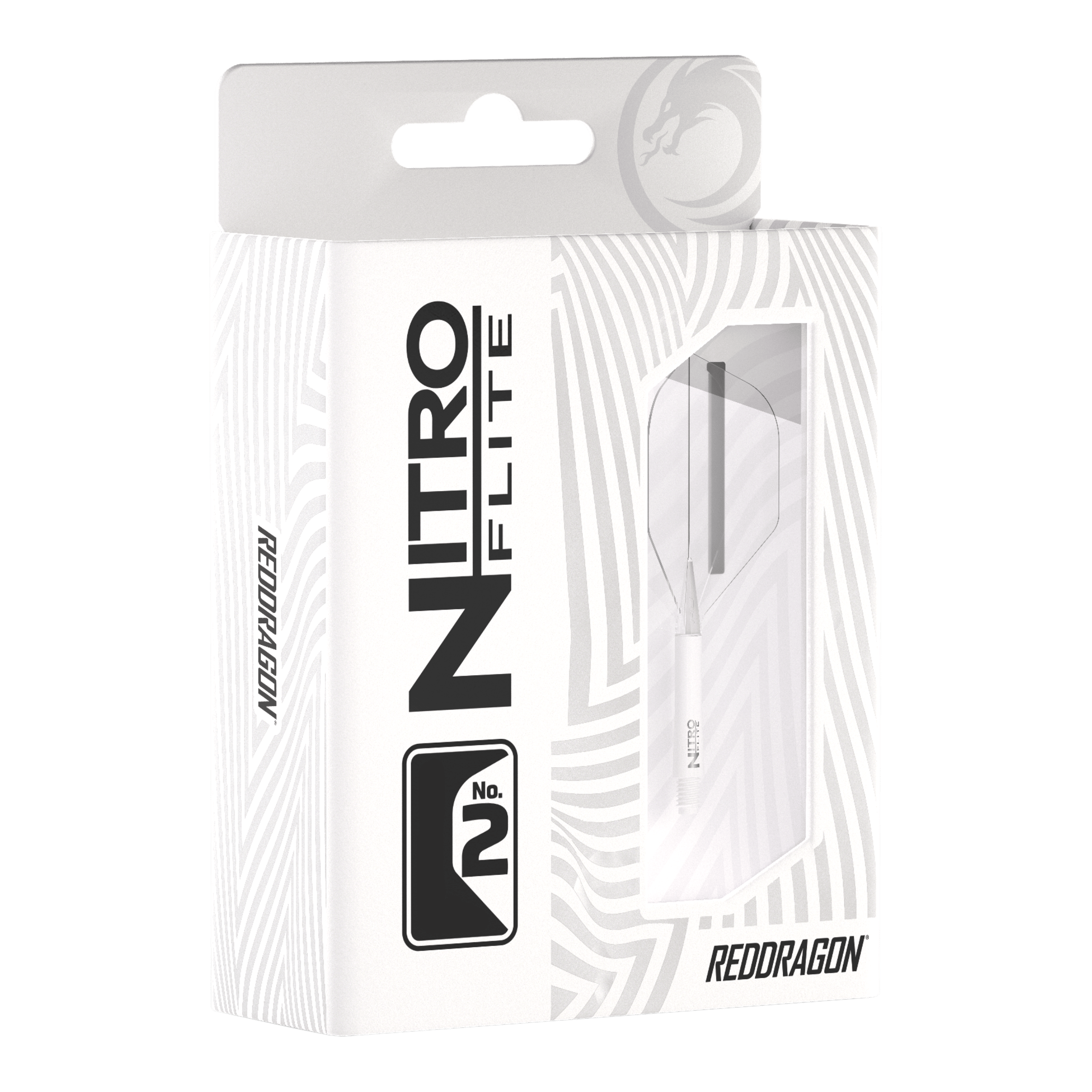 Red Dragon Nitroplite - White Shaft Clear No2 Flights Die Abbildung zeigt die Verpackung der „Red Dragon Nitroflite - White Shaft Clear No2 Flights“. Die Verpackung ist überwiegend weiß und hat ein Sichtfenster, durch das die Dartflights zu sehen sind.