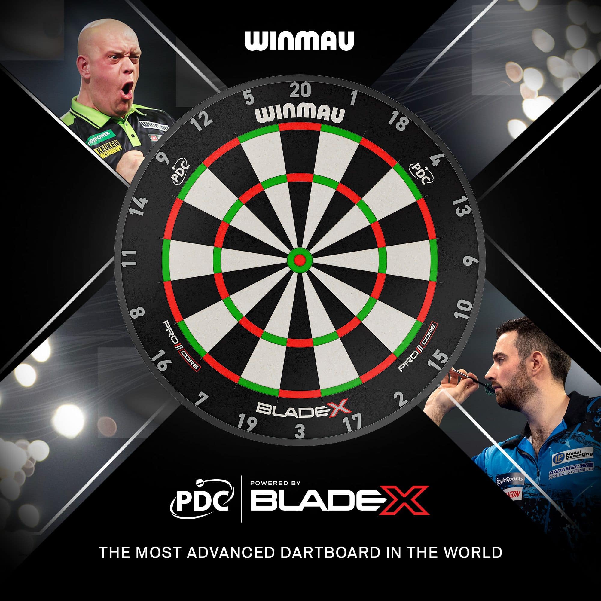 Ocelový terč Winmau Blade X ProCore Auf dem Bild ist ein Winmau Blade X ProCore Steeldartboard zu sehen. Es ist für den Gebrauch mit Steeldarts geeignet.