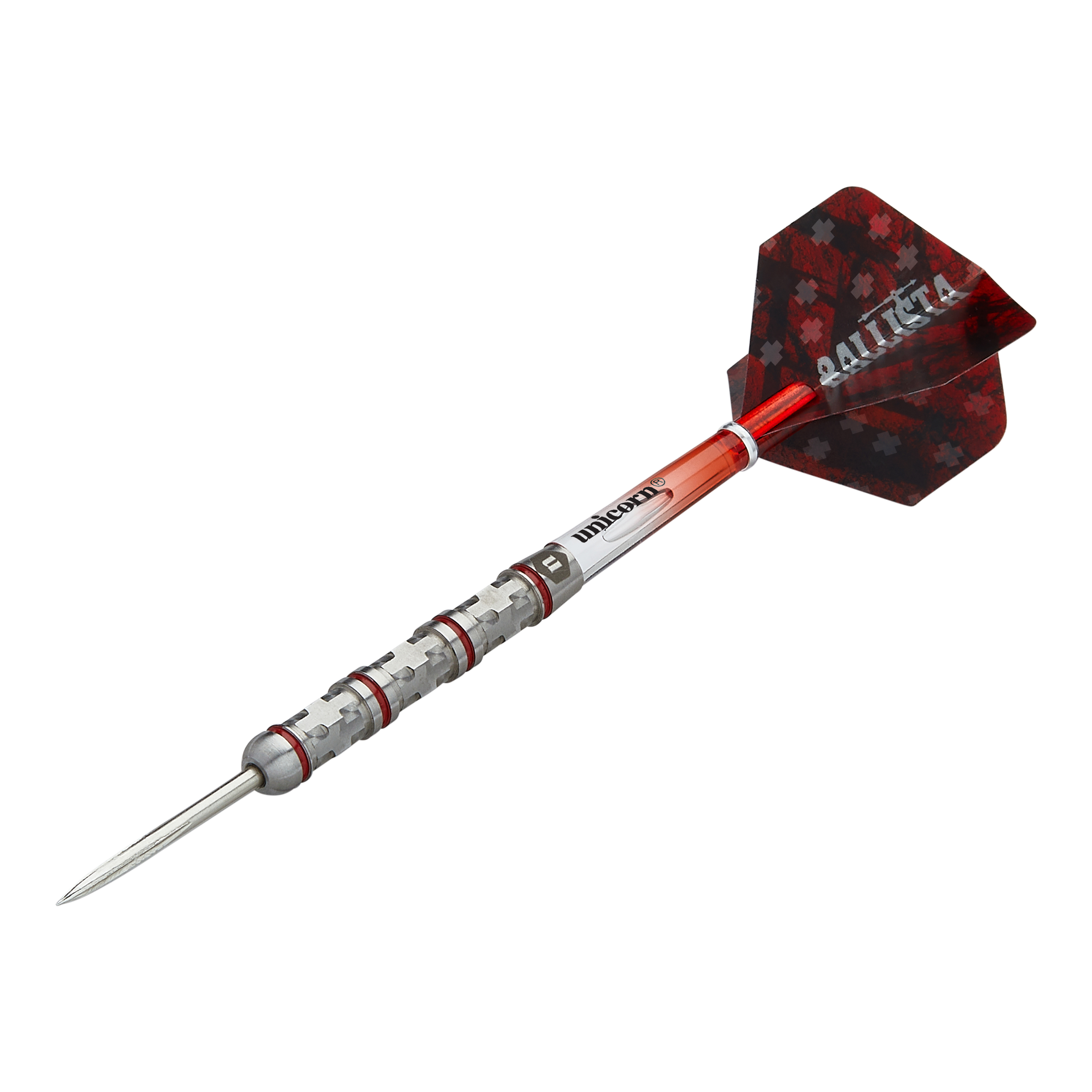 Ocelové šipky Unicorn Ballista Style 4 Das Bild zeigt einen Unicorn Ballista Style 4 Steeldart. Der Dartpfeil hat eine rot-silberne Farbgebung und ein markantes Flight-Design.