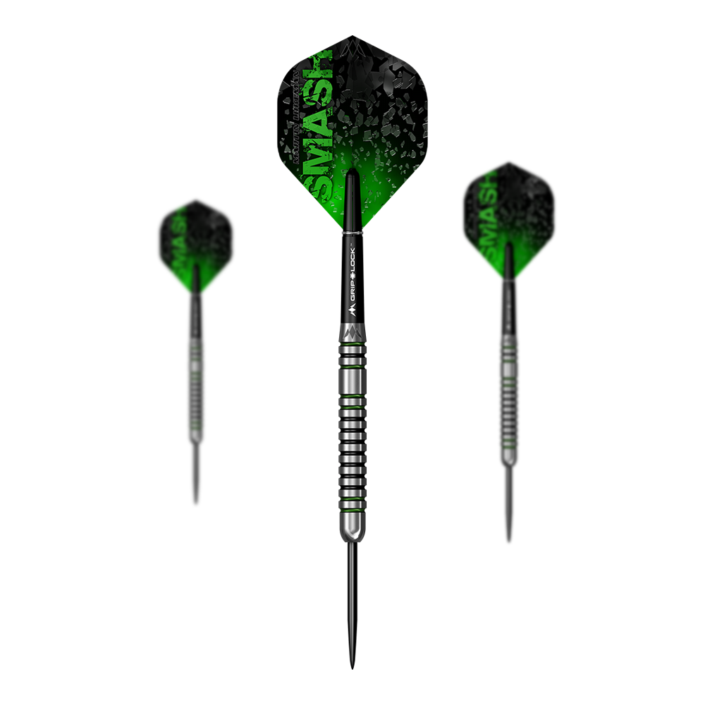 Mise Martin Lukeman Smash Steeldarts - 23g Das Bild zeigt drei Steeldarts mit dem Namen „Mission Martin Lukeman Smash Steeldarts - 23g“. Die Flights sind schwarz-grün und tragen den Schriftzug „SMASH“.