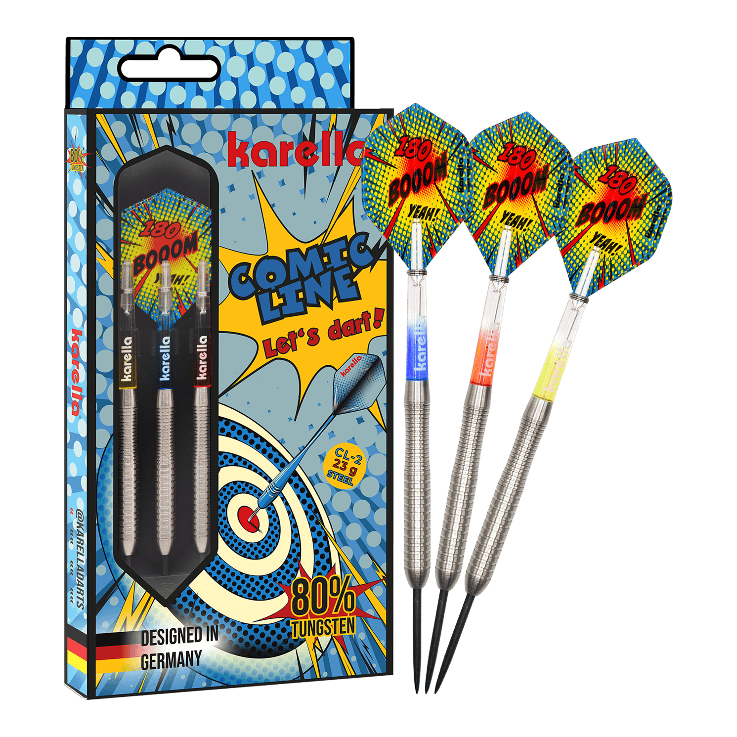 Ocelové šipky Karella Comic Line CL-2 - 23g Zu sehen ist das vollständige Set der Karella Comic Line CL-2 Steeldarts in 23g. Die Steeldarts bieten eine gute Balance für ambitionierte Spieler.