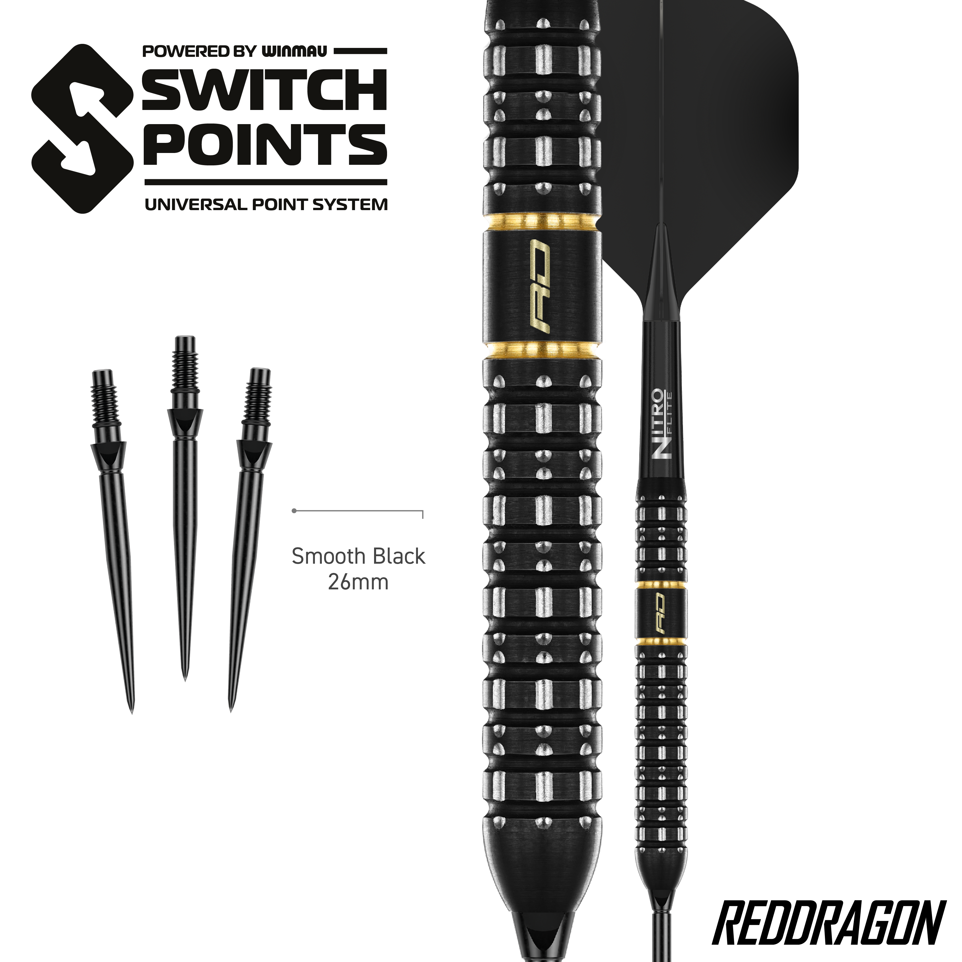 Ocelové šipky Red Dragon Ascend Parallel Switch Point Das Bild zeigt die Red Dragon Ascend Parallel Switch Point Steeldarts. Die Darts sind seitlich abgebildet und zeigen das spezielle Barrel-Design.