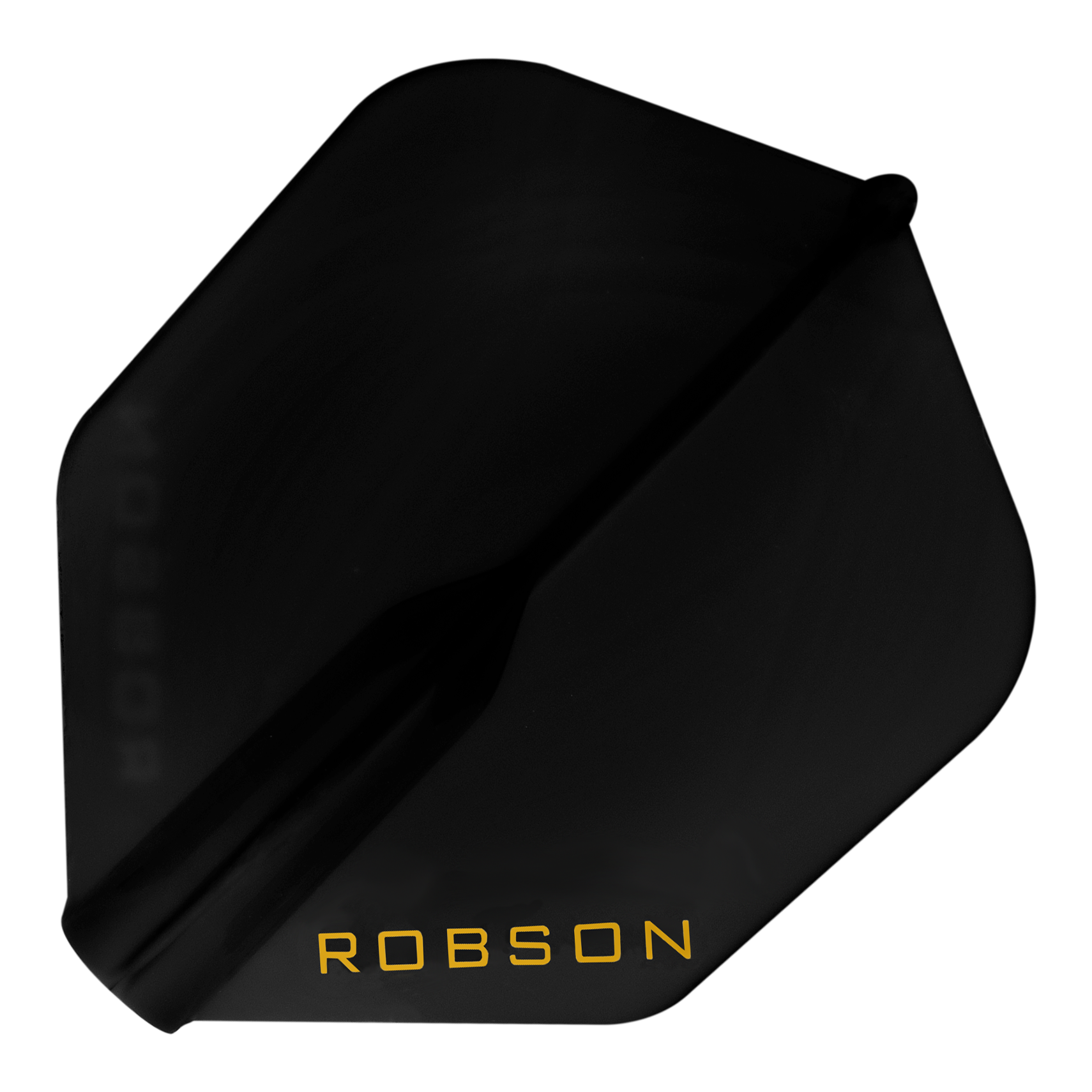Lety Robson Plus – NO6 Auf dem Bild ist ein schwarzes Dart-Flight zu sehen. In einer Ecke steht das Wort "ROBSON" in gelber Schrift.