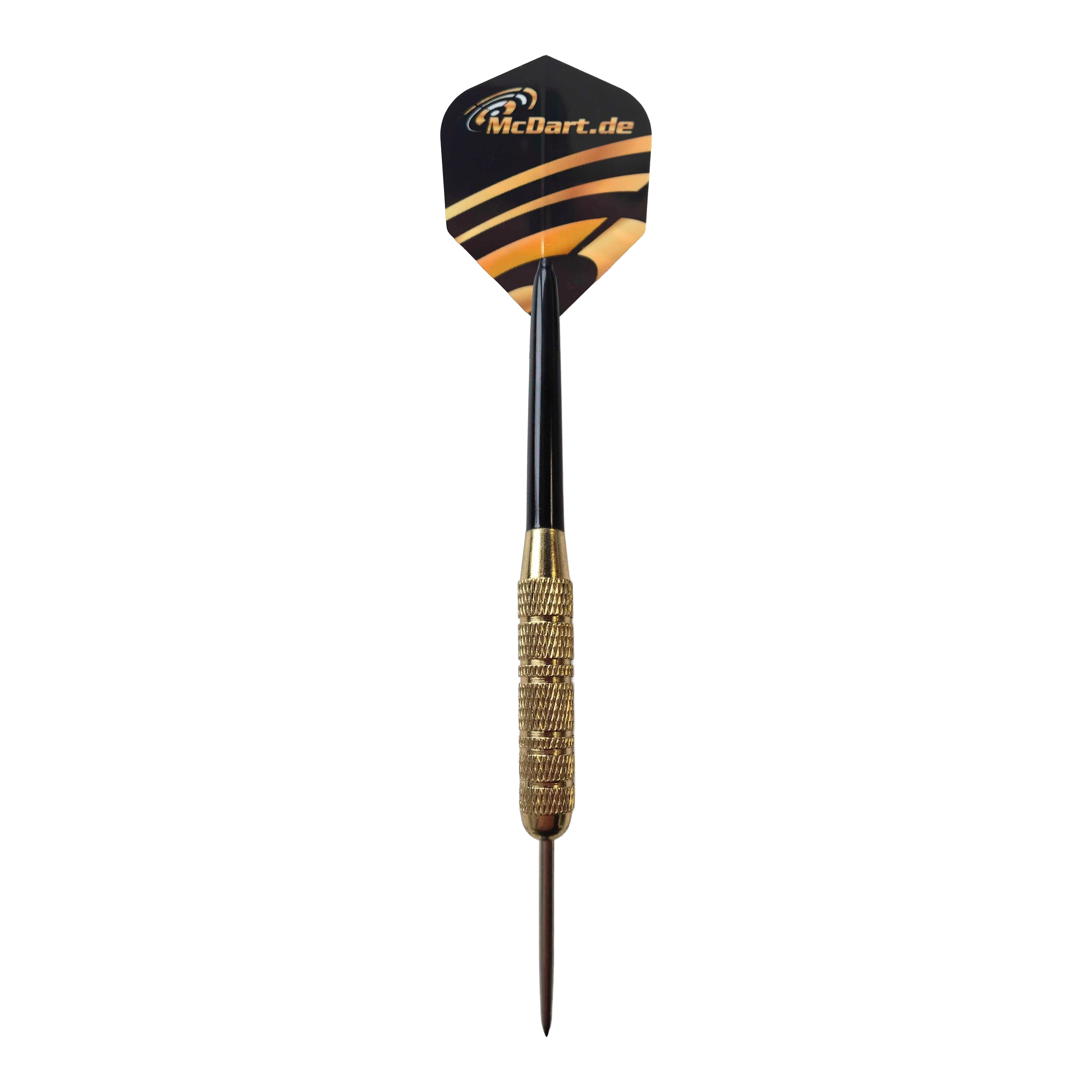 Dieses Bild zeigt das Produkt McDart Golden Star Steeldarts - 12 Darts mit einem Gewicht von 18 Gramm. Zu sehen sind mehrere goldene Steeldarts nebeneinander.