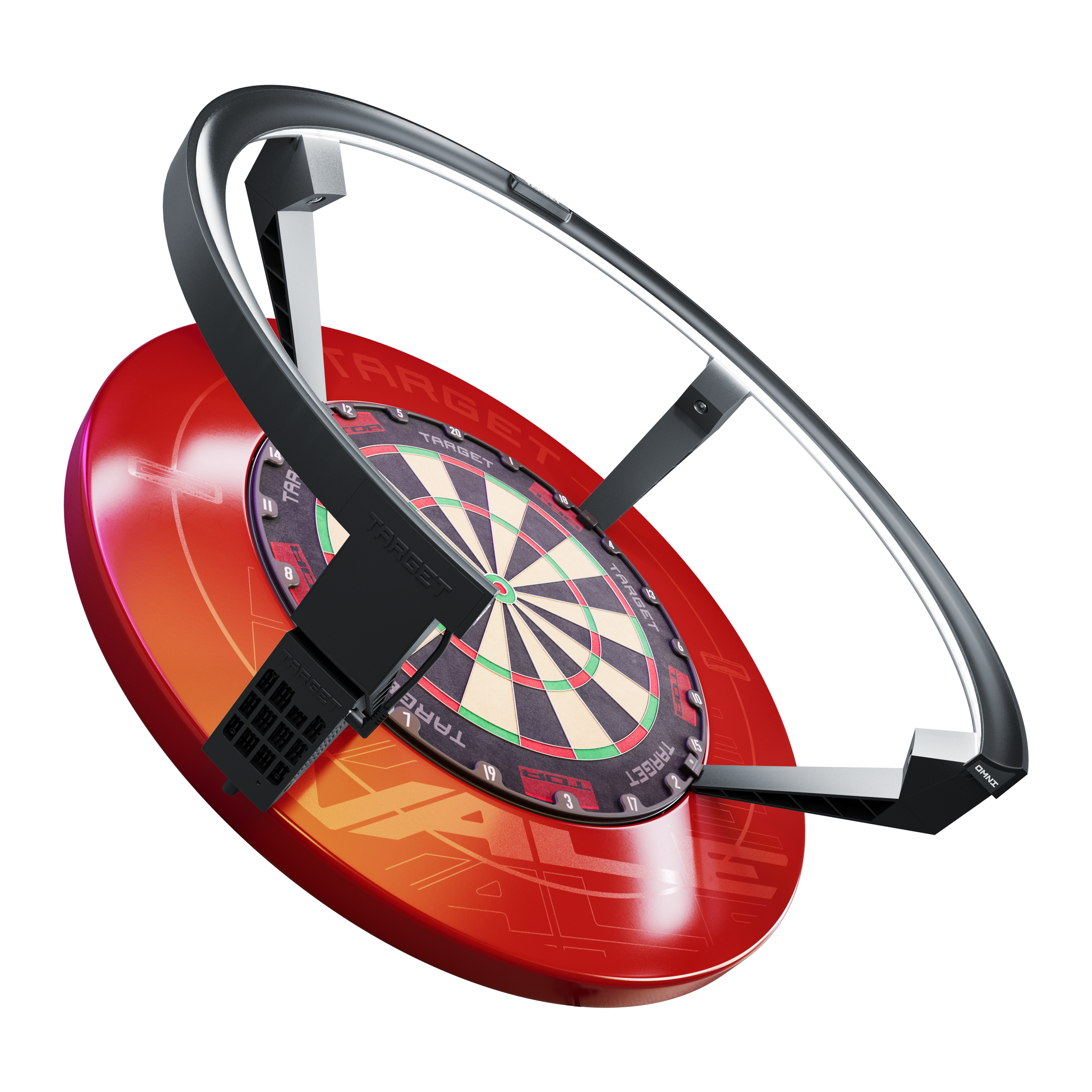 Systém automatického bodování Target OMNI Das Bild zeigt das Produkt "Target OMNI Auto-Scoring-System", ein innovatives automatisches Punktesystem für Dartscheiben. Es besteht aus einem roten Sockel, einer Dartscheibe und einem großen schwarzen Ring, der über der Scheibe angebracht ist.