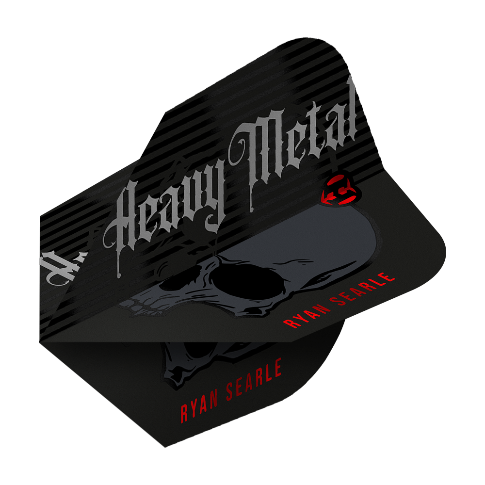Harrow's Ryan Searle Heavy Metal Series 2 Lety Das Bild zeigt ein Dart-Flight mit der Aufschrift "Heavy Metal" und einem Totenkopf-Design. Unten steht in roten Buchstaben der Name "Ryan Searle".