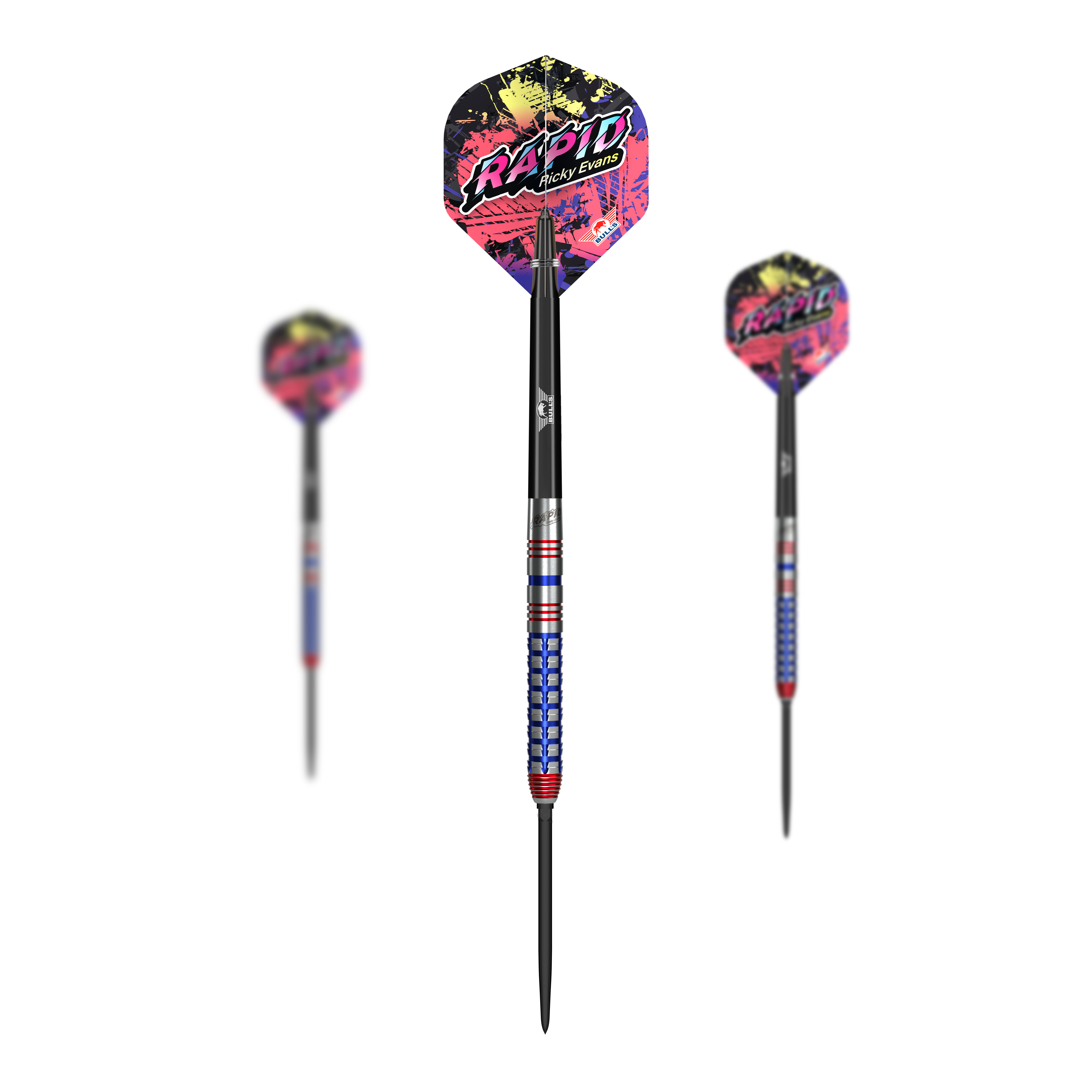 Šipky Bulls NL Ricky Evans Rapid Convertible Point Steel Zu sehen ist das Produkt Bulls NL Ricky Evans Rapid Convertible Point Steeldarts. Es werden mehrere Pfeile gezeigt.