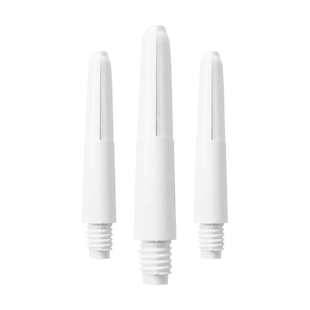 580_Nylon_Shafts_Schneeweiss_28mm_1TAbGTrpmPAx28 Das Bild zeigt drei weiße Nylon-Schäfte mit Schraubgewinde. Sie sind nebeneinander vor weißem Hintergrund angeordnet.