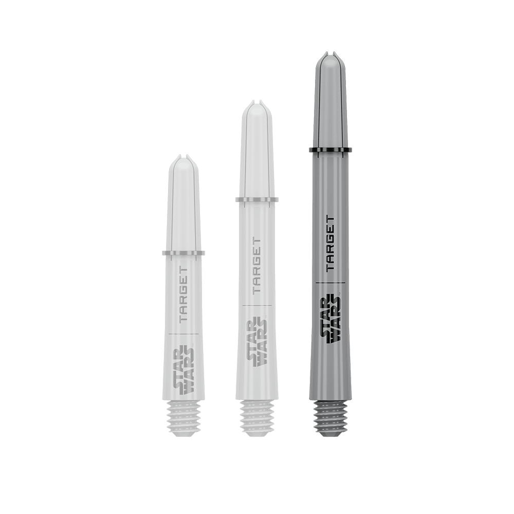 Násadky Target Star Wars ProGrip - šedé Das Bild zeigt ein Dart-Zubehör mit dem Dateinamen 380432_Target_StarWars_ProGrip_Shafts_Grau_Medium_48mm_1. Es handelt sich wahrscheinlich um einen einzelnen grauen Medium ProGrip Shaft von Star Wars mit 48mm Länge.