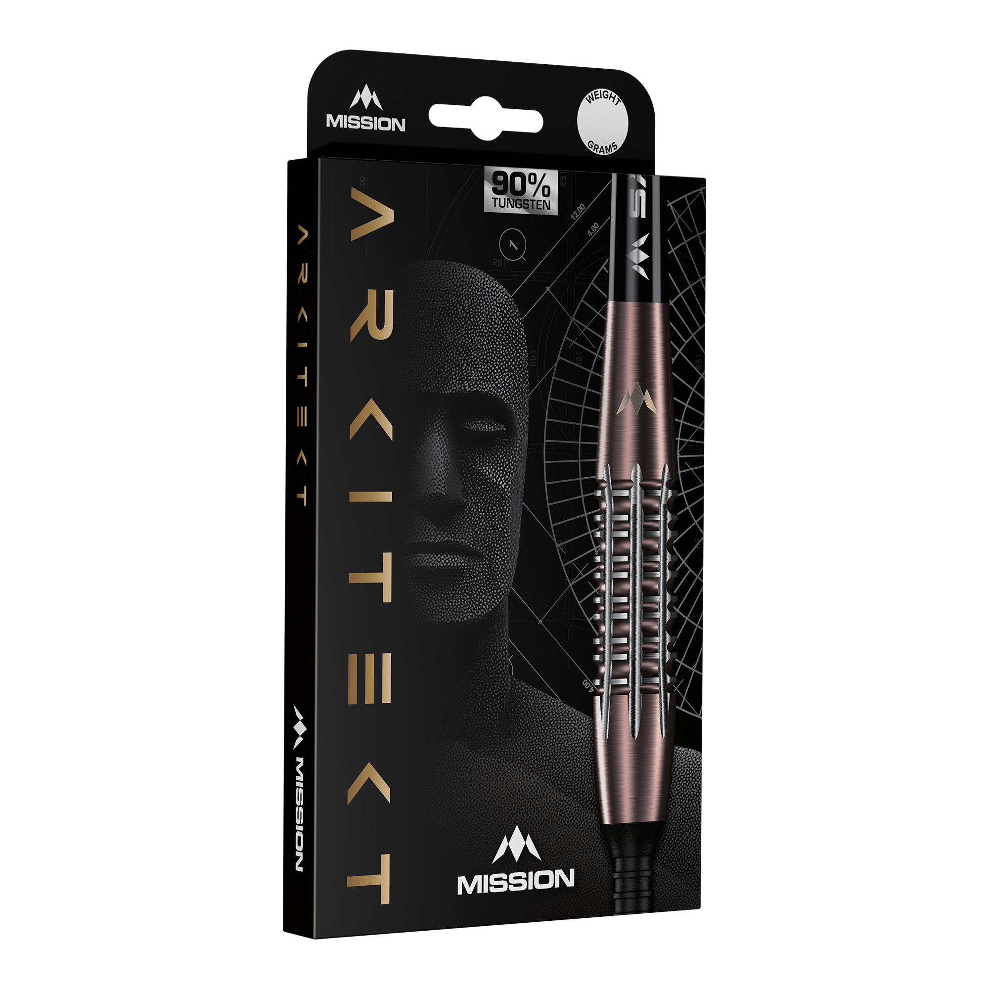 Abgebildet ist Mission Arkitekt Bronze Silika PVD Steeldarts - 23,5g. Die Darts besitzen ein glänzendes bronzenes Finish.