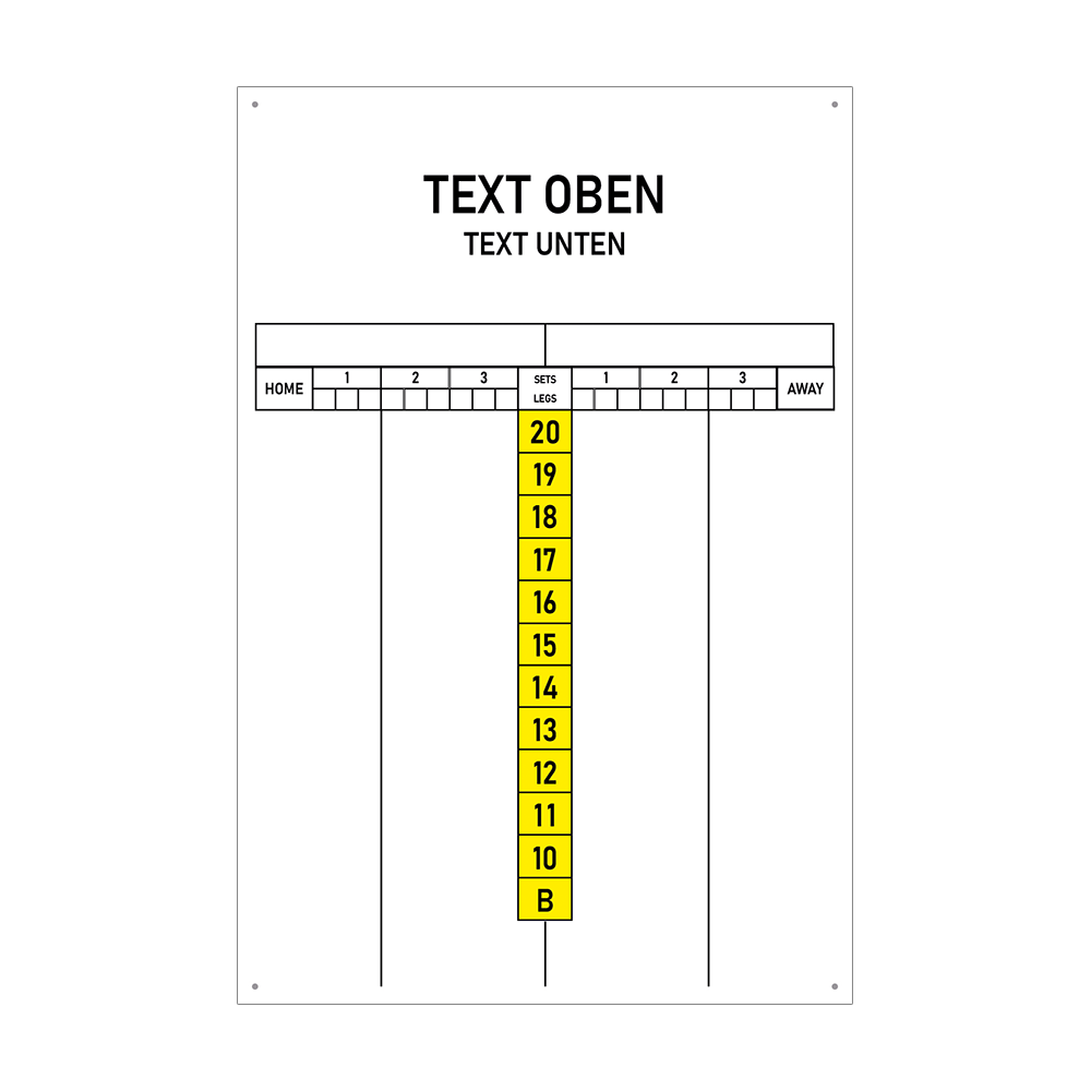INSCORE3_Scoreboard_mit_Wunschdruck_40x60cm_Gelb_1 Das Bild zeigt eine Anzeigetafel mit einem großen Feld für individuellen Text oben und unten. In der Mitte befinden sich gelbe Felder mit den Zahlen 10 bis 20 und einem "B" darunter.