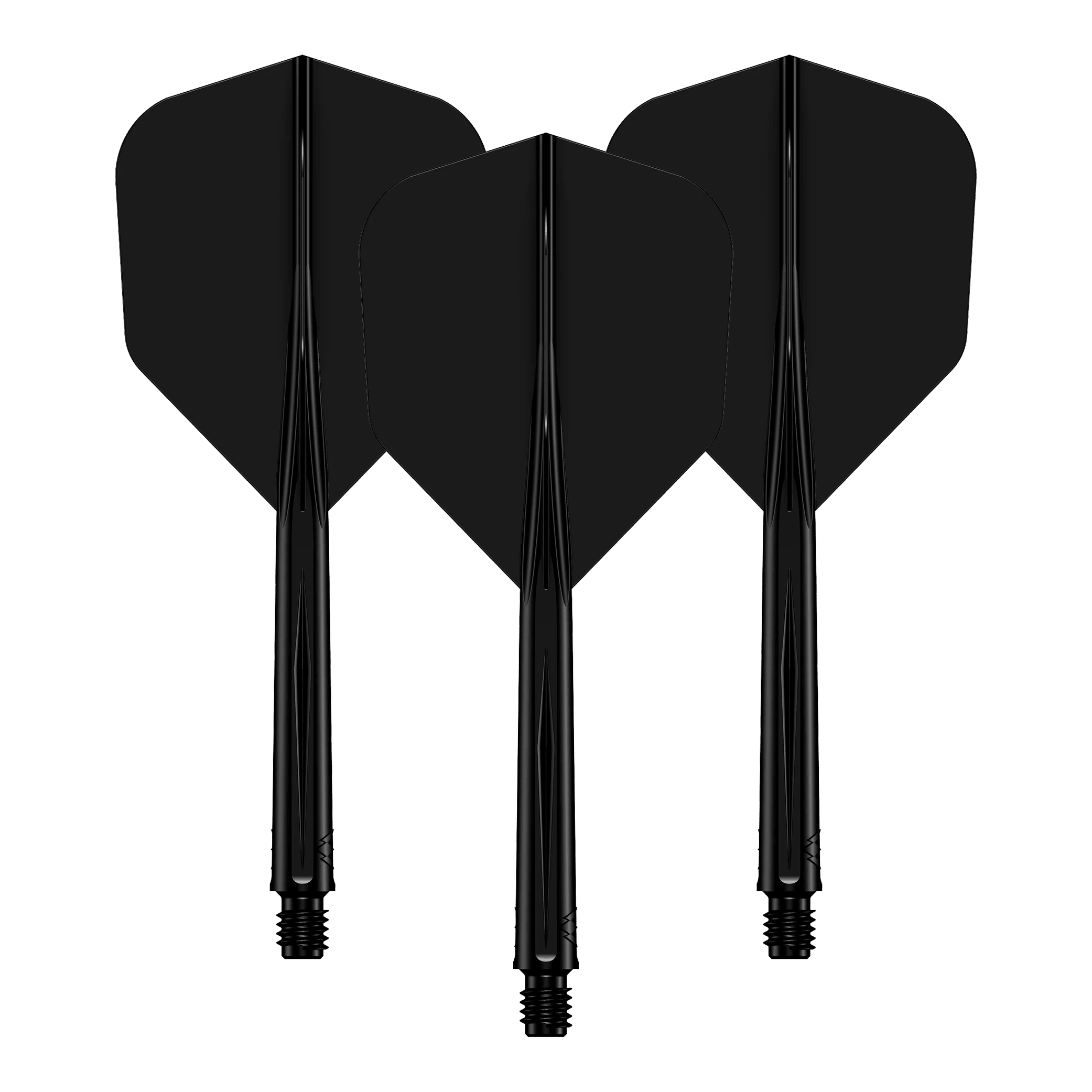 Systém letové hřídele Mission Force 90 No6 - černý Auf dem Bild sind drei schwarze Dartflights mit passenden Shafts zu sehen. Sie stehen nebeneinander und sind identisch gestaltet.