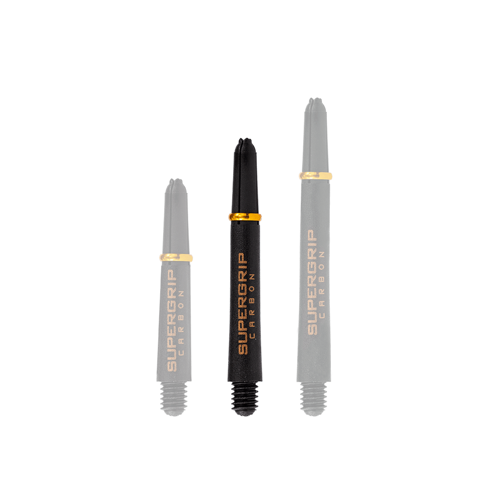 HR352_Harrows_Supergrip_Carbon_Shafts_Gold_40mm_1 Das Bild zeigt drei unterschiedlich lange Harrows Supergrip Carbon Shafts in der Farbe Gold. Die Dartschäfte sind schwarz mit goldenen Akzenten und der Aufschrift "SUPERGRIP CARBON".